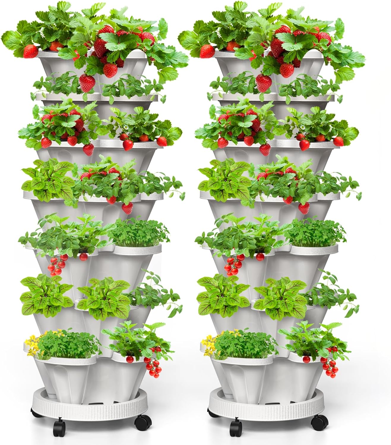 7 Tiered Strawberry Vertical Planter 2 Pack, Stackable Tower Garden Planter Herb Garden Planter with Movable Casters and Bottom Saucer Indoor and Outdoor – White