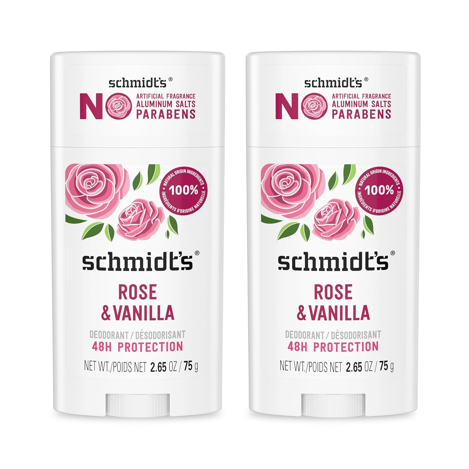 Schmidt’s Aluminum-Free Vegan Deodorant Rose & Vanilla with 24 Hour Odor Protection 2 Count for Women and Men, Natural Ingredients, Cruelty-Free, 2.65 oz