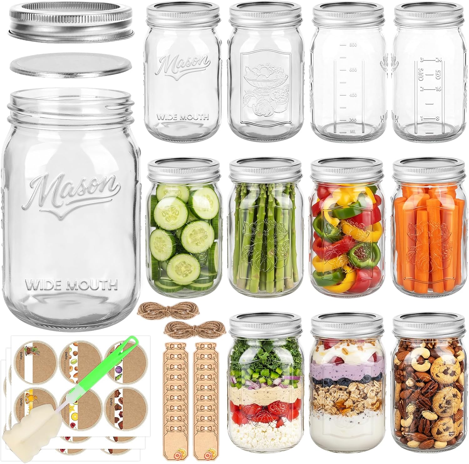Wide Mouth Mason Jars 32 oz, 12 Pack Quart Canning Glass Jars with Embossed Measuring Markings & Airtight Lids – for Pickling, Fermenting, Meal Prep, Food Storage, Pantry Organization & DIY Gifts