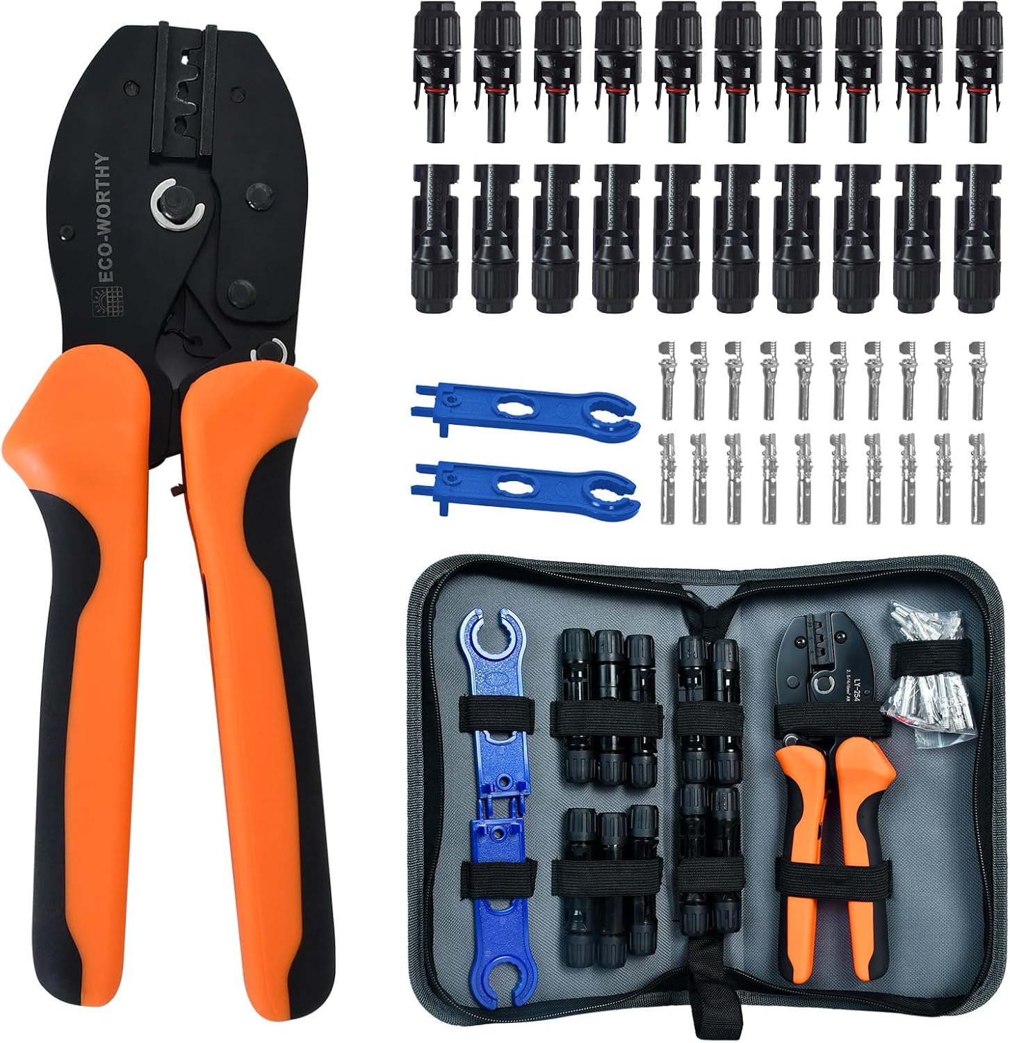 ECO-WORTHY Solar Crimper Tool Kit 13 PCS Solar Tools – a Crimper, 10 Pairs of Solar Connectors, 2 Pairs of Solar Connector Spanner Wrench for Solar Panel Cable Assembly and Installation