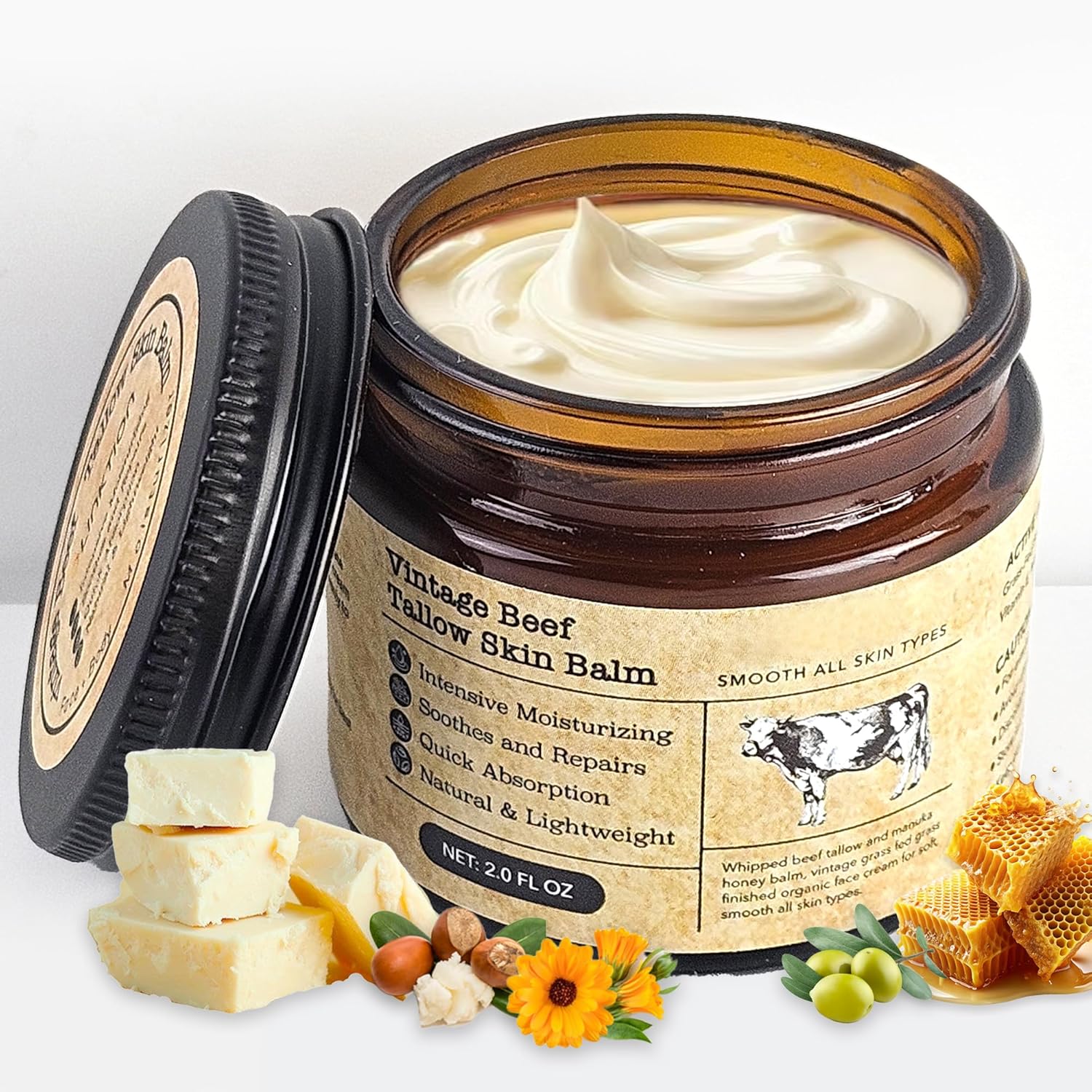 Beef Tallow Honey Balm for Sensitive Skin:100% Organic Grass-Fed Vintage Tallow Moisturizer For Face Cracked Hands Non-Greasy Nourishing Cream With Olive Oil – Eczema Safe All Skin Types 2 oz