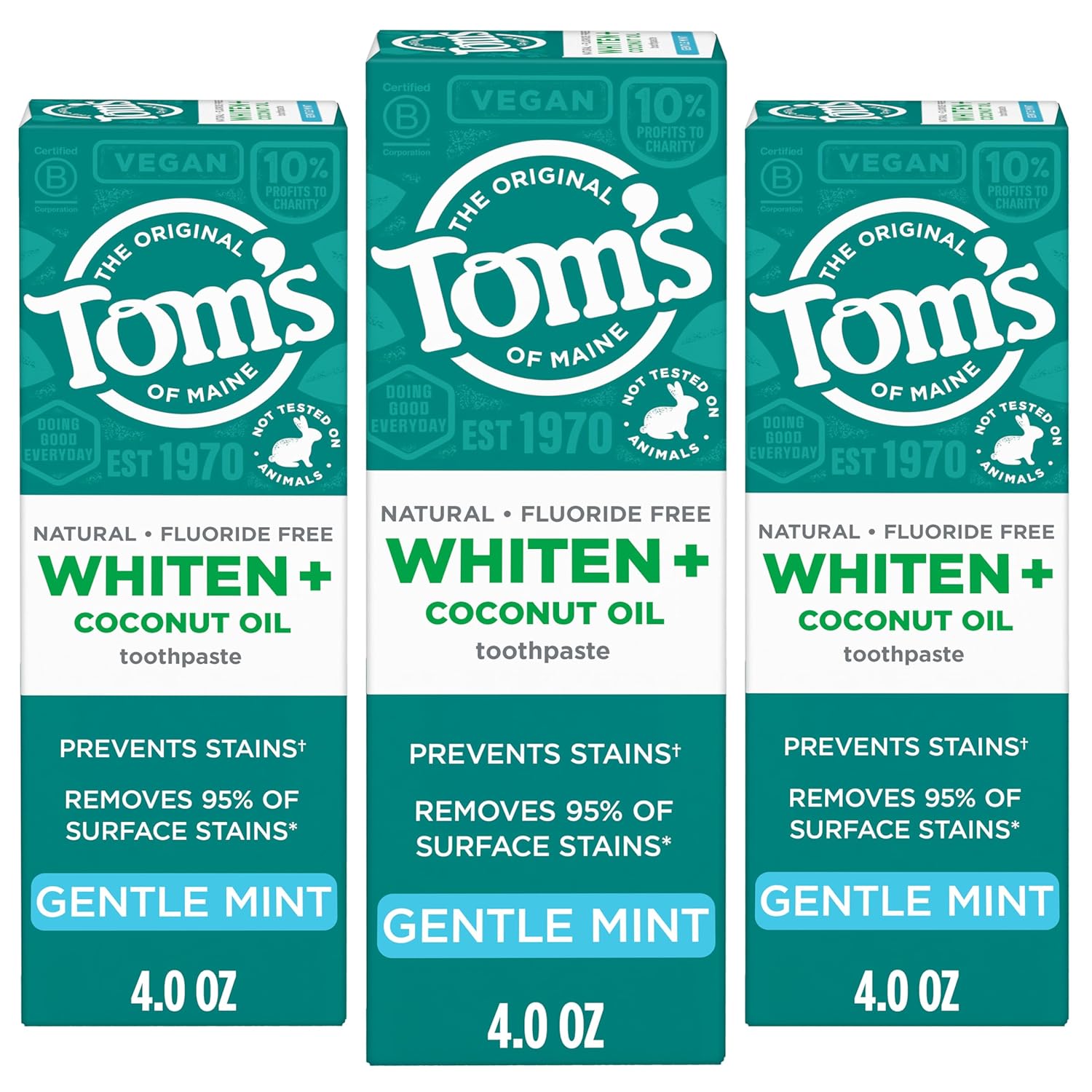 Tom’s of Maine Whiten Plus Coconut Oil Fluoride Free Toothpaste, Natural Whitening Toothpaste with Plant-Based Cleansers, Whitens Without Causing Sensitivity, Gentle Mint, 4.0 Oz (Pack of 3)
