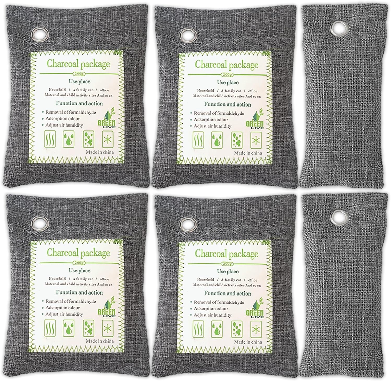 Activated Charcoal Odor Absorber (4x200g Large + 2x75g Small), Bamboo Charcoal Air Purifying Bag, Odor Deodorizer and Eliminator for Cars, Refrigerators, Shoes, Pets, Closets, and More.