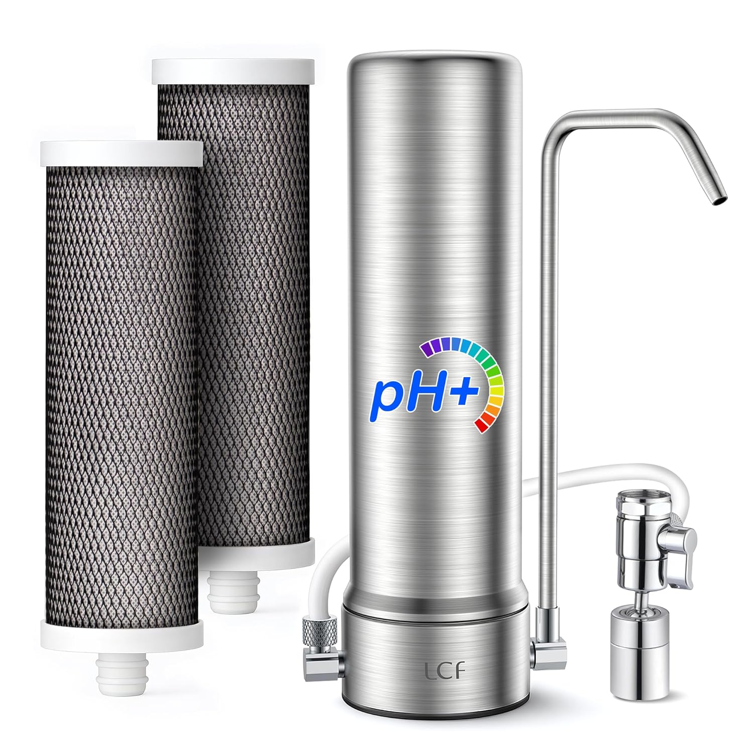 LCF Alkaline Countertop Water Filter, 𝐒𝐢𝐥𝐯𝐞𝐫 𝐈𝐨𝐧𝐬 Enhanced 6-Stage Stainless Steel Water Filter for Sink Faucet, Reduces Heavy Metals, Bad Taste & 99% Chlorine, 16,000 Gallons(2 Filters)