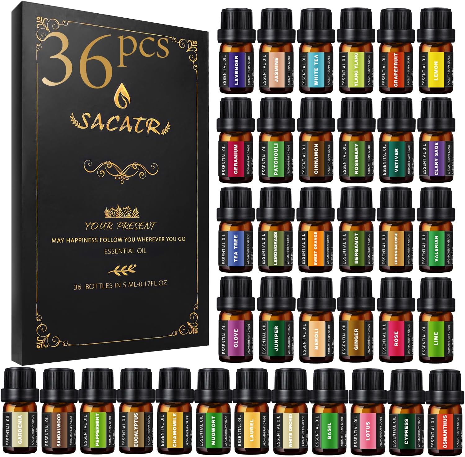 SACATR 36 Pcs Natural Essential Oil Sets,Essential Oils for Diffuser, Humidifiers, Skin Care, Massage, Fragrance Oil Scent for DIY Candle and Soap Making, Gift for Friends (36 * 5ML)