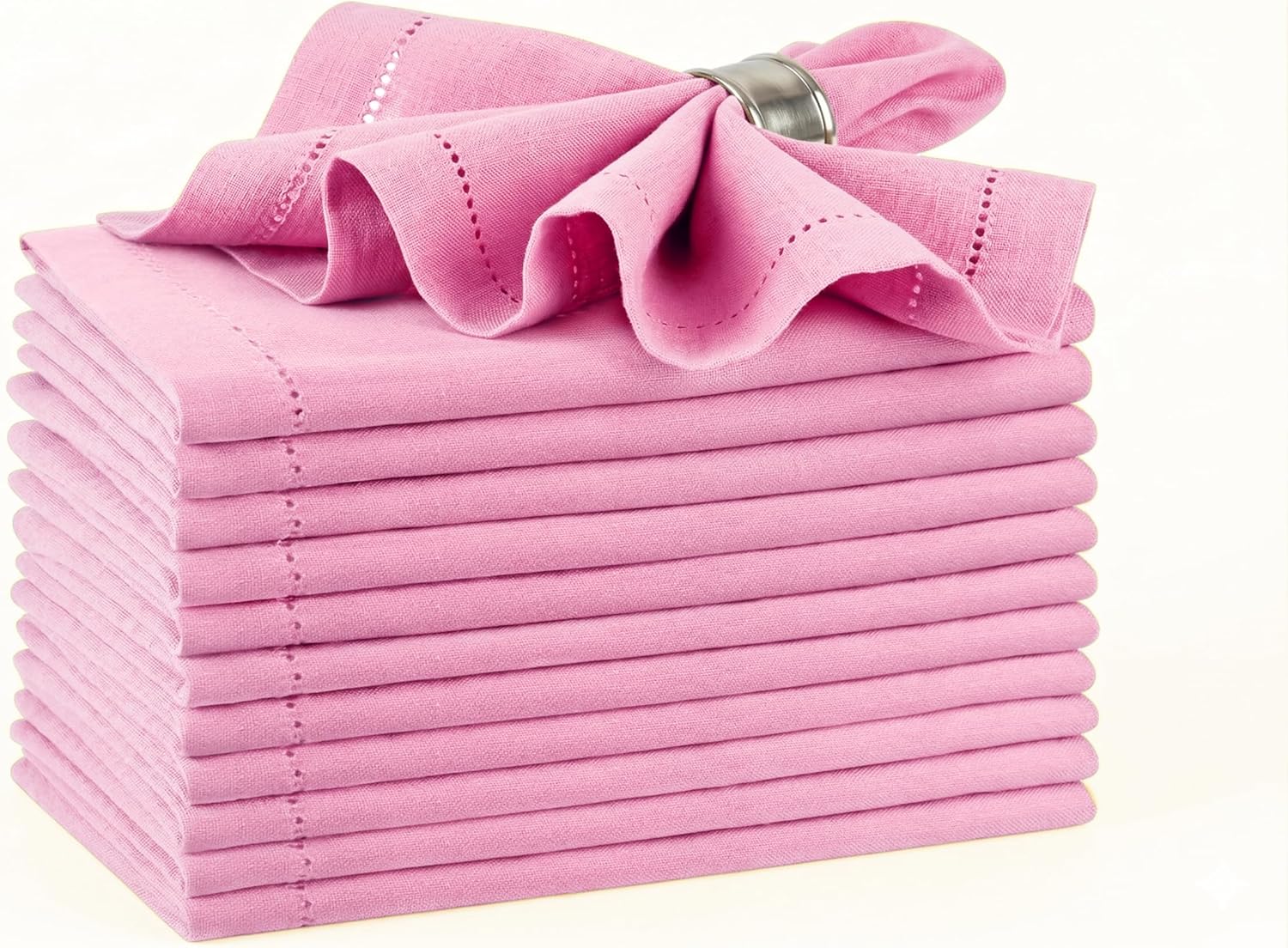 Palisa Pink Cotton Napkins Set of 12 | Premium Hemstitch Detailing Cloth Dinner Napkins 18×18 Inch | Soft Washable & Reusable Table Napkins for Everyday Use Weddings Parties Restaurants & Hotels