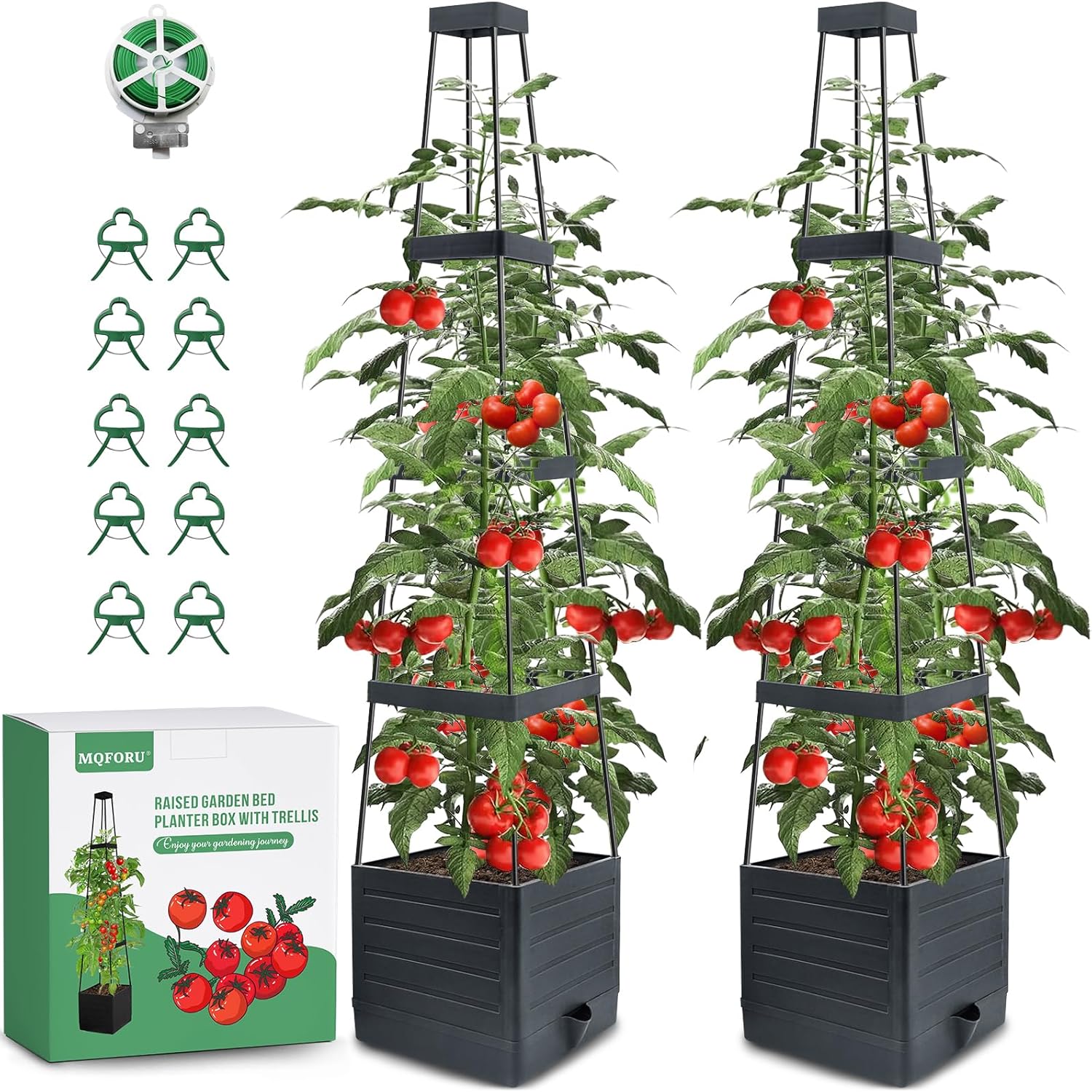 MQFORU 2 Packs Raised Garden Bed Tomato Planter with Trellis, 57″ Tomato Cages for Climbing Vegetables Plant, Self Watering Planters Box for Garden Pots for Patio Greenhouse Indoor Outdoor（2PCS）