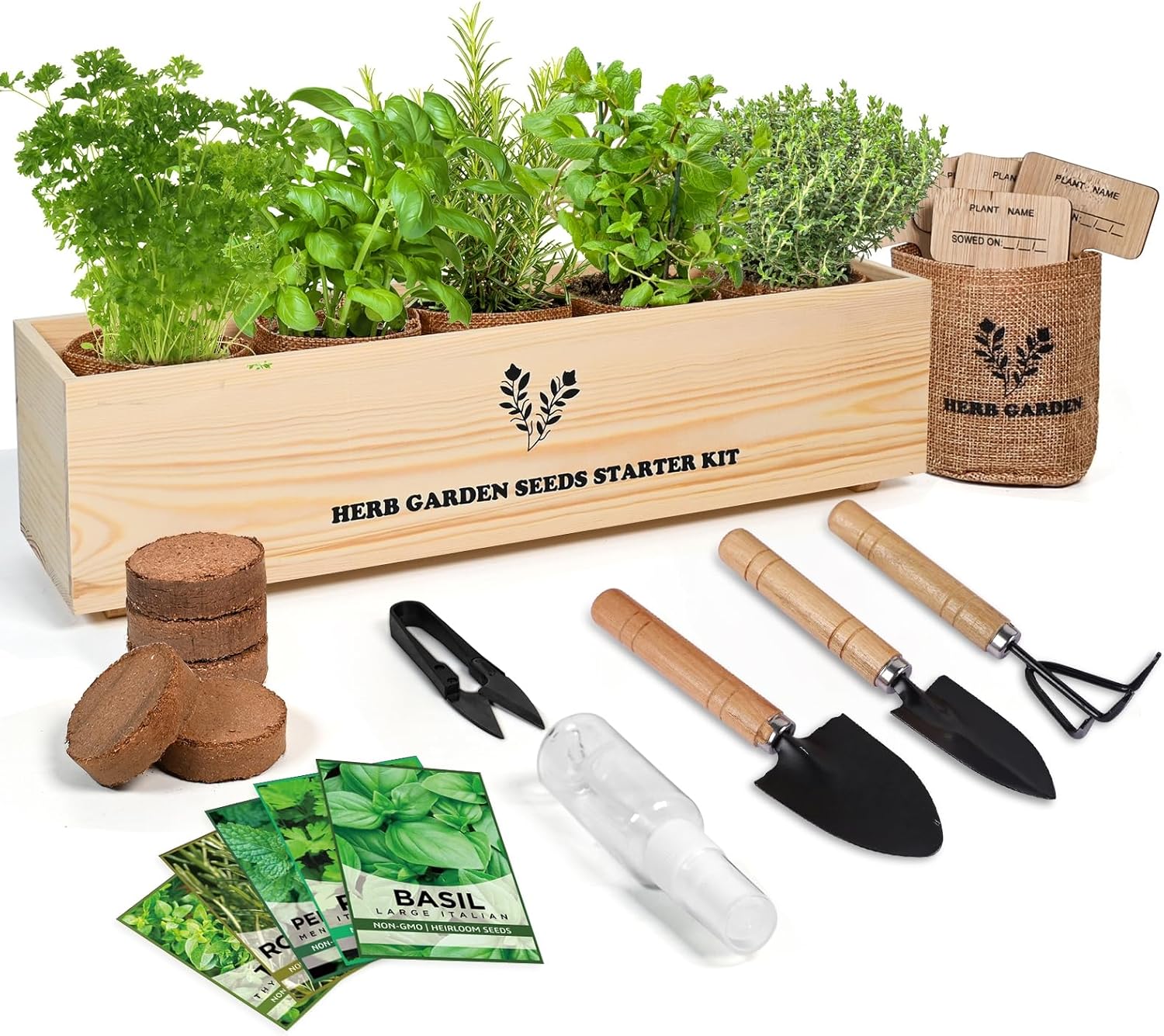Meekear 5 Herb Seeds Garden Starter Kit with Complete Planting Kit & Wooden Flower Box, Growing into Basil, Parsley, Rosemary, Thyme, Mint for Kitchen Windowsill Herb Garden DIY