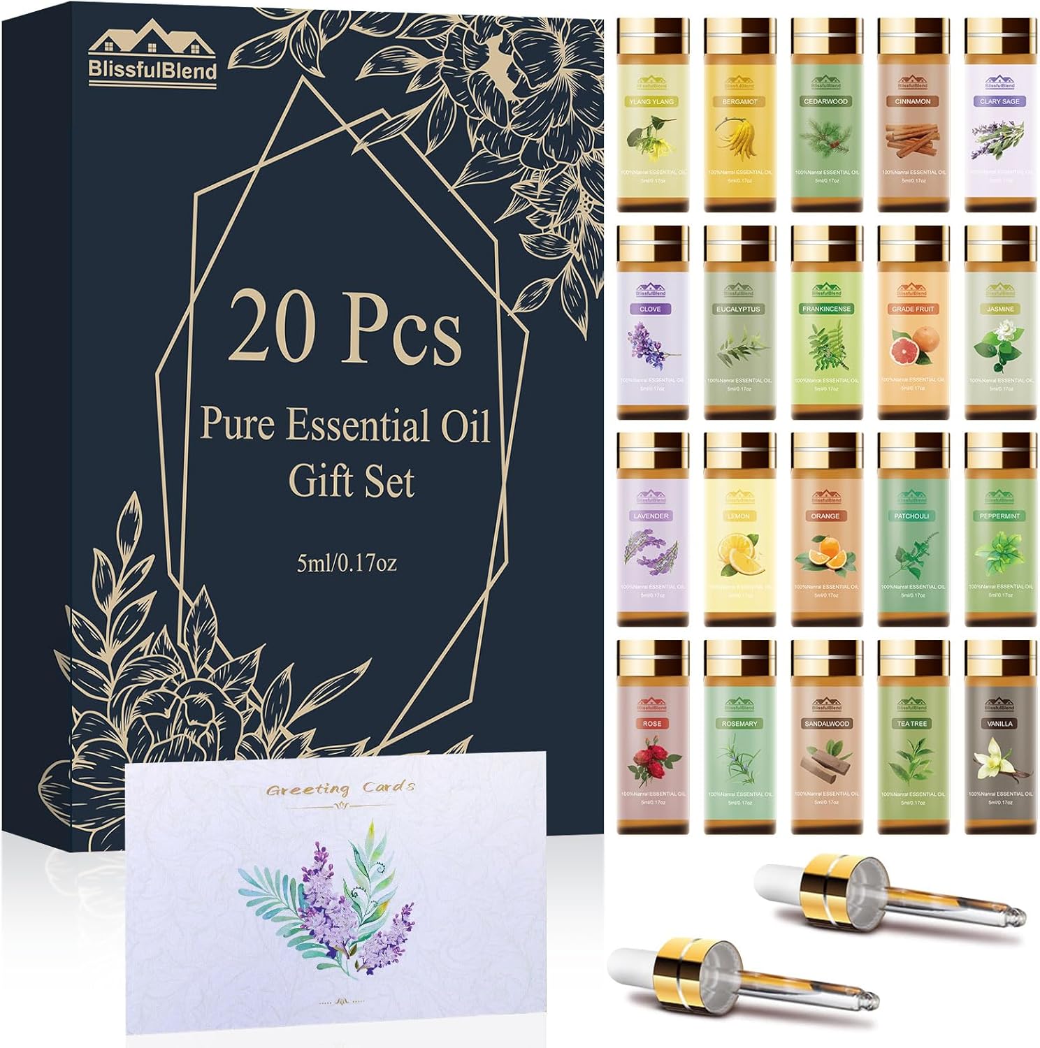Fragrance Essential Oils Set, Essential Oils for Diffuser, for Home, Skin, Candle & Soap Making-Tea Tree, Lavender, Peppermint, Rose and More, with Gift Card for Friend, Teacher, Mom(20×5ml