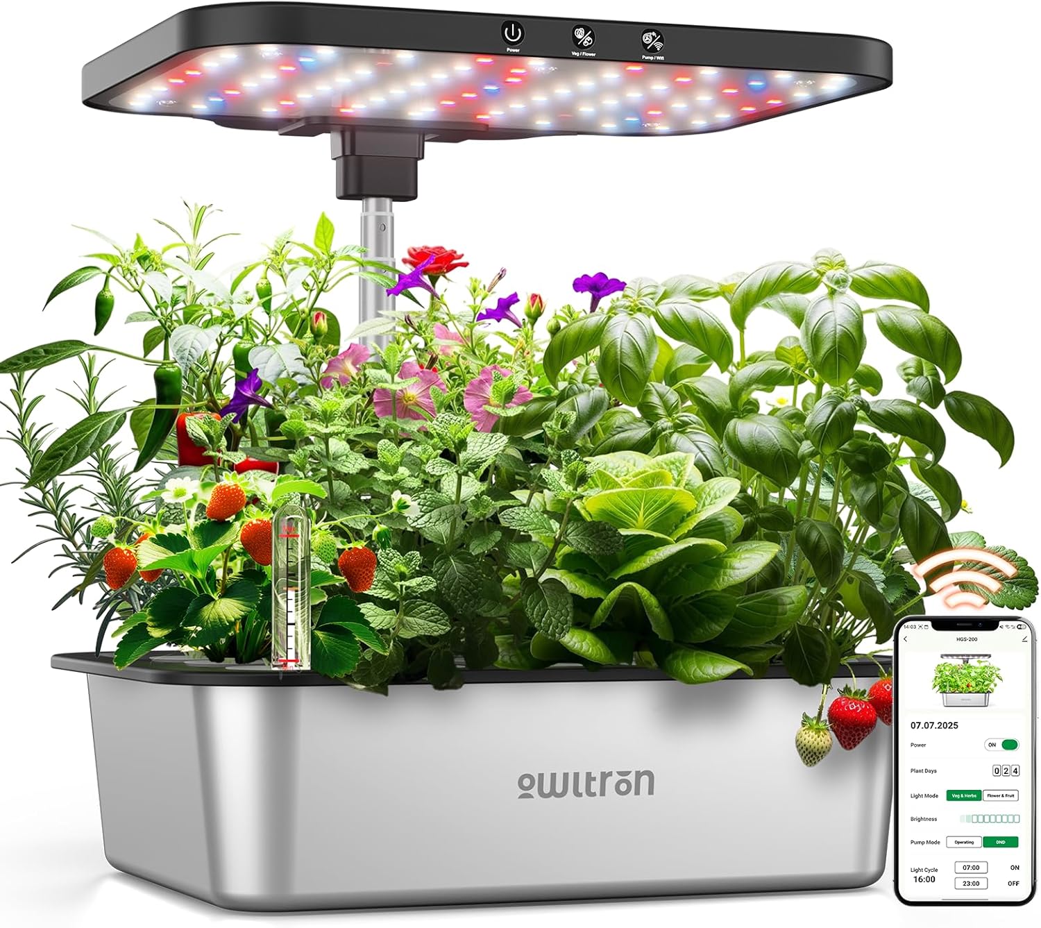 owltron Smart Hydroponics Growing System Kit,15 Pods Indoor Herb Garden with 36W LED Grow Light & APP Control, Planting Height Up to 30″, Quiet Water Pump, Stainless Steel – Ideal Gift for All Ages