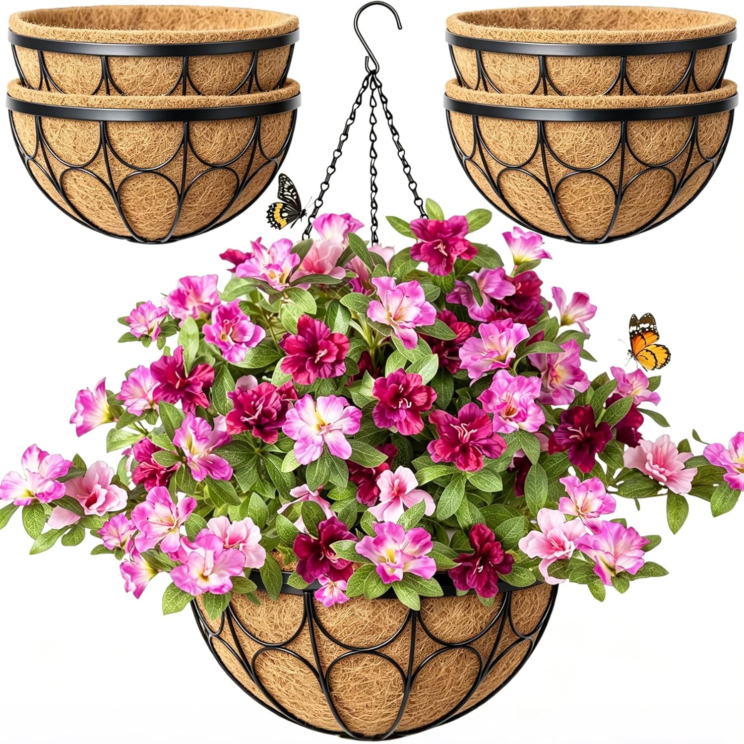 4 Pack 14 Inch Hanging Planters for Outdoor Plants，Large Wire Flower Hanging Basket with Coco Liners for Balconies, Patios, Porch, Terraces Decor