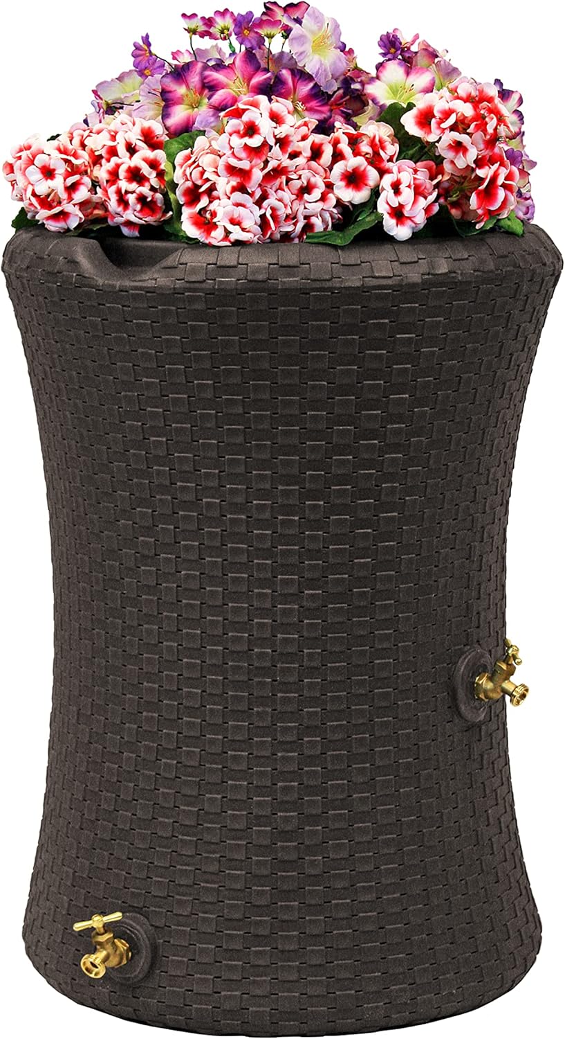 Good Ideas Impressions 50 Gallon Nantucket Outdoor Home Rain Barrel Water Storage Collector with Garden Planter and Brass Spigot, Dark Brown