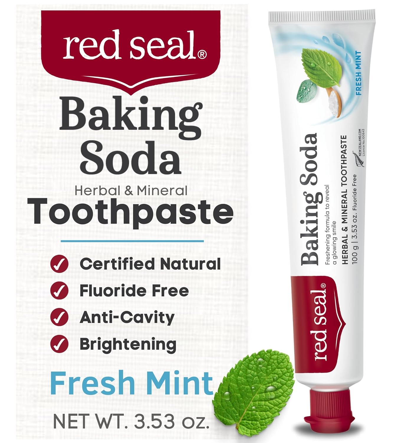 Red Seal Fluoride Free Toothpaste – Baking Soda – Herbal & Mineral Formula, Vegan-Friendly, Cruelty-Free, SLS and Paraben-Free, No Artificial Flavors, NATRUE Certified Natural, Dry Mouth Relief