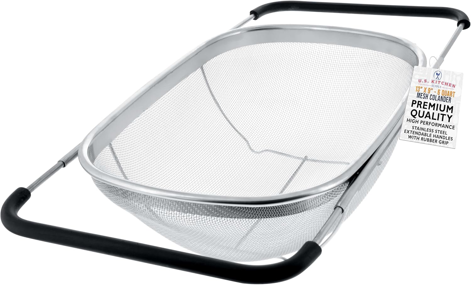 U.S. Kitchen Supply Stainless Steel Colander Strainer – 6-Quart Collapsible Colander with Expandable Rubber Handles – Rectangular Sieve, Fine Mesh Stainless Steel Strainers and Colanders for Kitchen