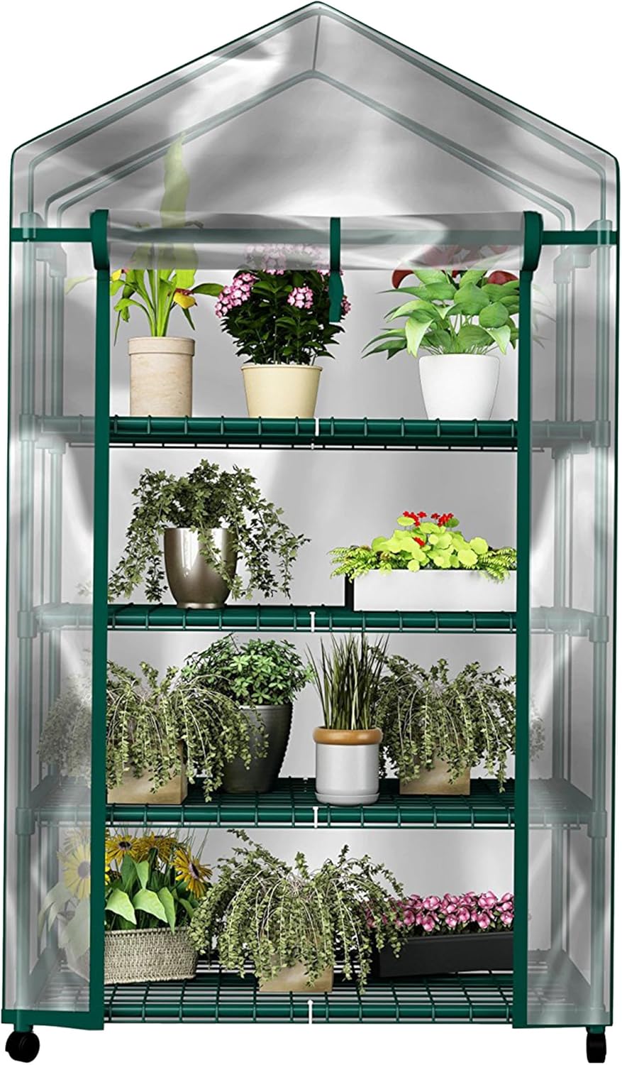 4 Tier Mini Greenhouse – Portable Greenhouse with Locking Wheels and PVC Cover for Indoor or Outdoor Green House by Pure Garden