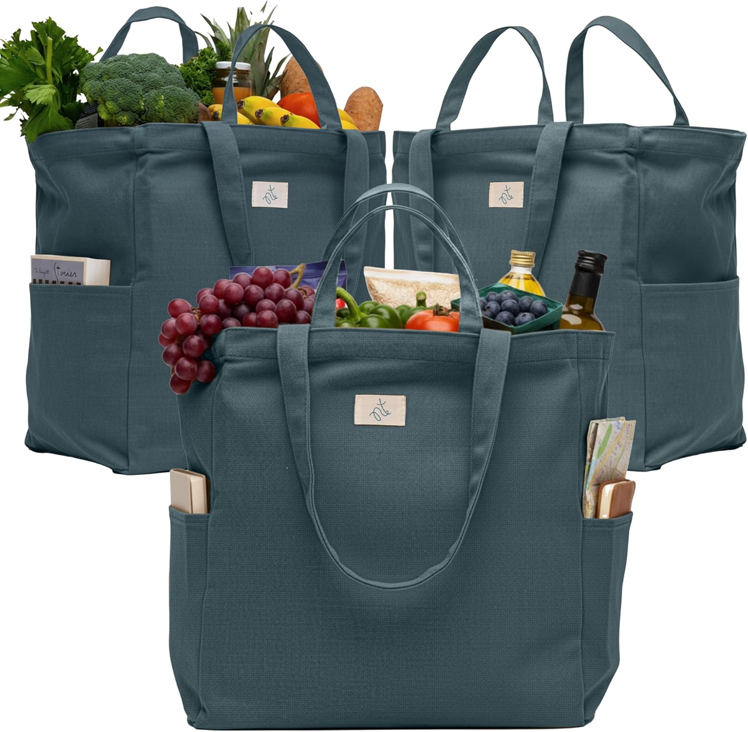 Nook Theory 3-Pack Reusable Grocery Bags – Heavy Duty, Large 12 Oz Cotton Canvas Reusable Shopping Bags With Pockets, 100% Cotton Cloth Grocery Totes, Foldable Multi Compartment (Ocean)