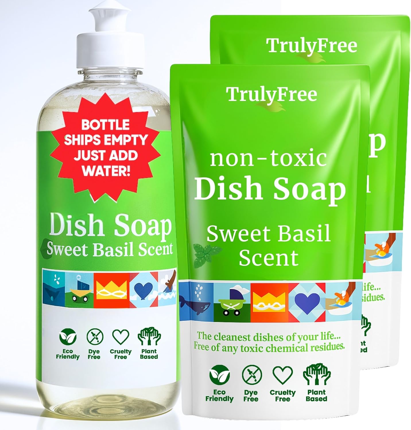 Truly Free Non Toxic Dish Soap Kit | Natural Concentrated Dishwashing Liquid – Sweet Basil Scent | Organic Plant-Based | Family Safe – Eco-Friendly Formula | 16 fl oz
