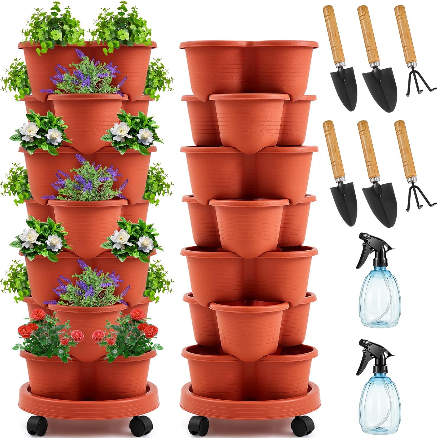 Umigy 2 Set Clay Red 7 Tier Stackable Vertical Planters with Removable Wheels and Tools Tower Planters Strawberry Herb Flower Vegetable Pots Indoor Outdoor Gardening Pots