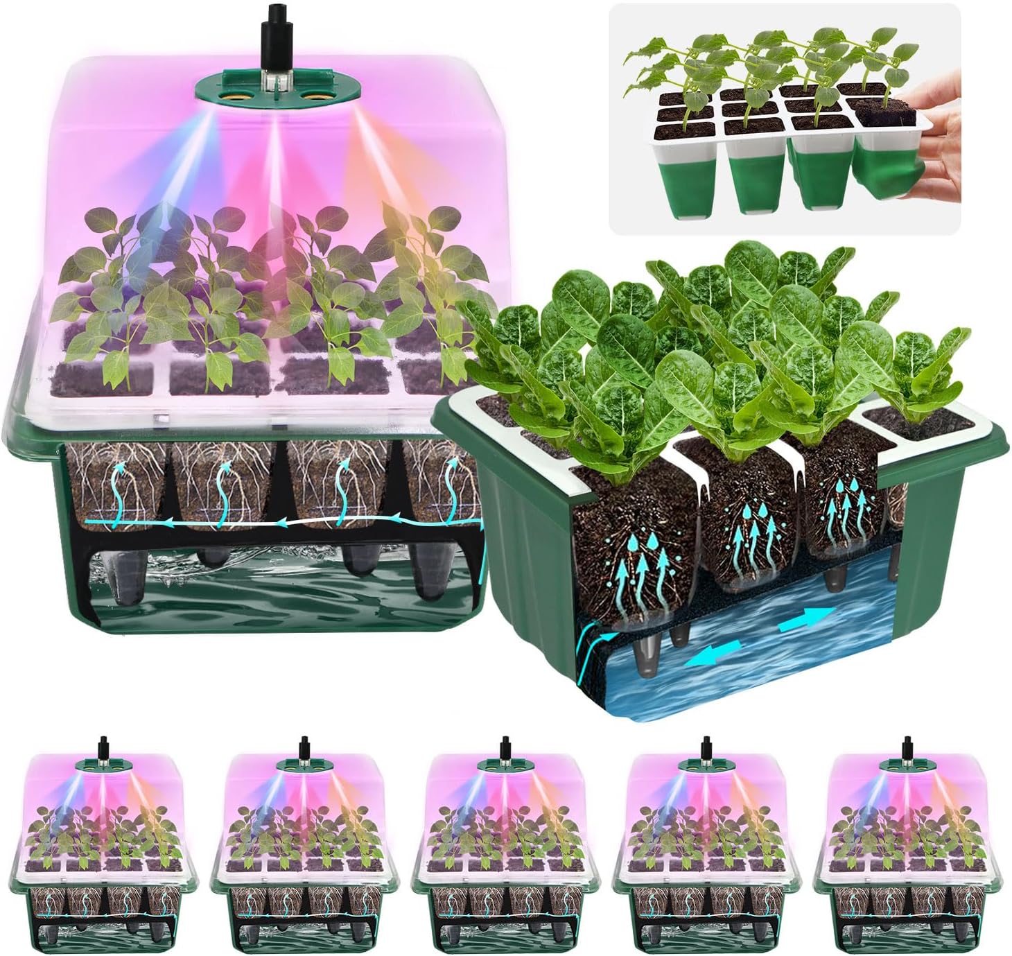 5PCS 60 Cell Self Watering Seed Starter Tray with Grow Light, Reusable Silicone Seed Starter Kit with Humidity Dome, 60 Cells Plant Germination Trays for Seeding Planting Growing（5-Pack 60-Cell）