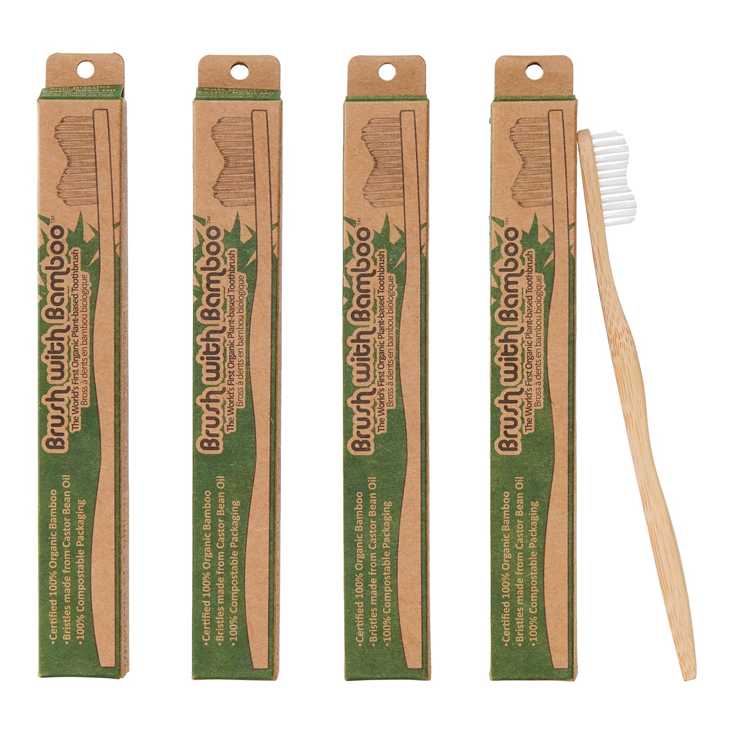 Brush with Bamboo Toothbrush with Plant-Based Bristles – 4 Pack