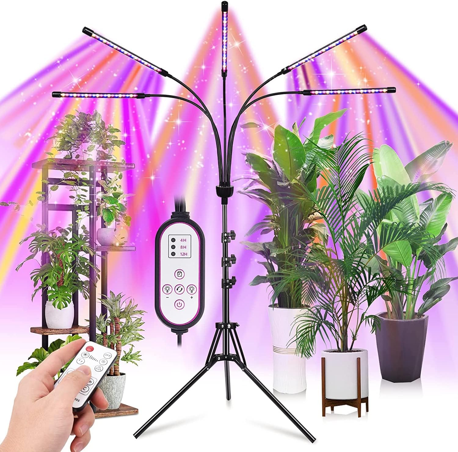 yentbokj Grow Lights for Indoor Plants,5 Heads Red Blue White Full Spectrum Plant Light with 15-60″ Adjustable Tripod Stand, Indoor Grow Lamp with Remote Control and Auto On/Off Timer Function