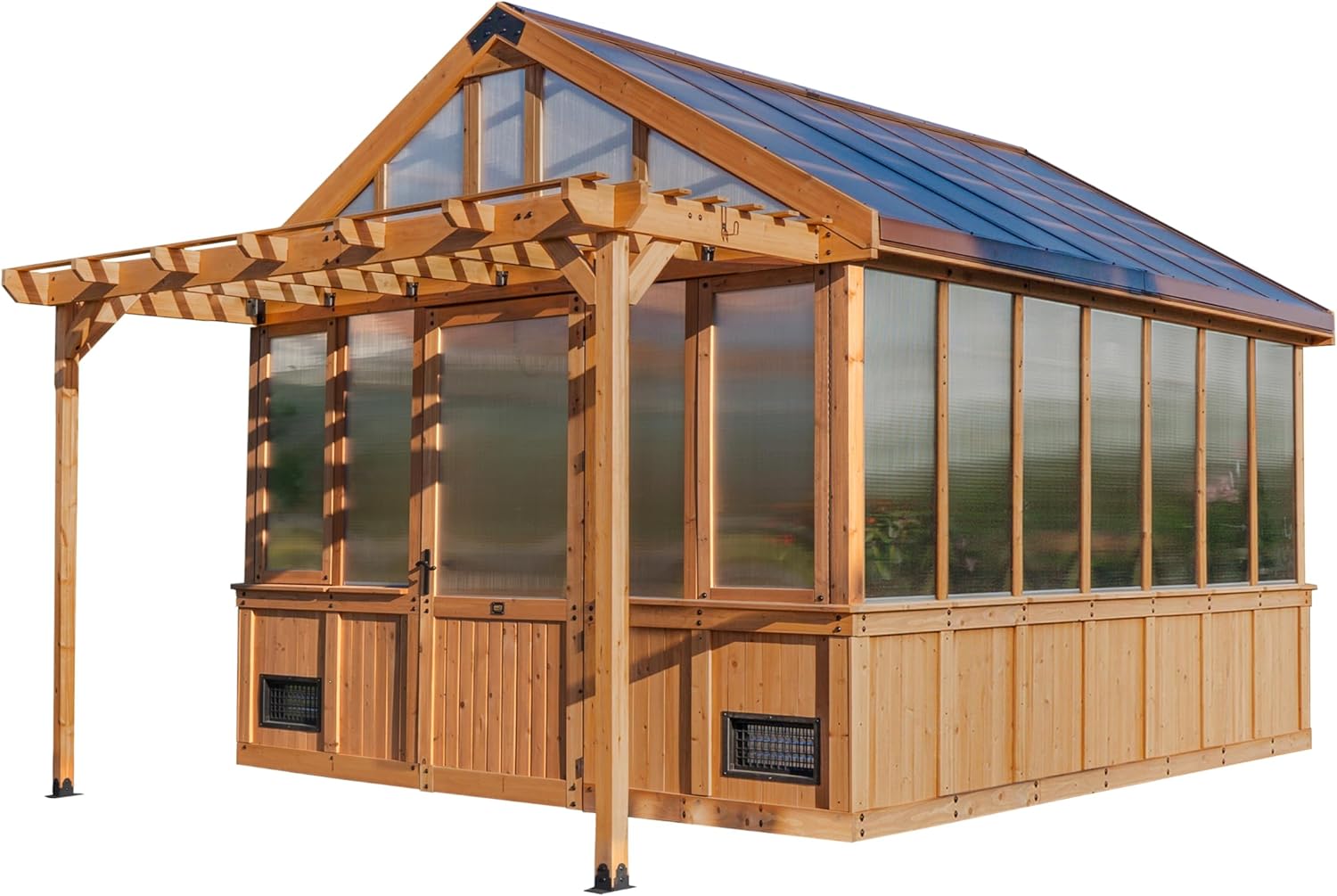 Backyard Discovery Bellerose XL 13′ x 11′ Cedar Wood and Polycarbonate Walk-in Greenhouse Kit with Pergola, Exhaust Fan, Windows, Hose Hook-Ups, PowerPort, Staging Shelves for Outdoor Gardening