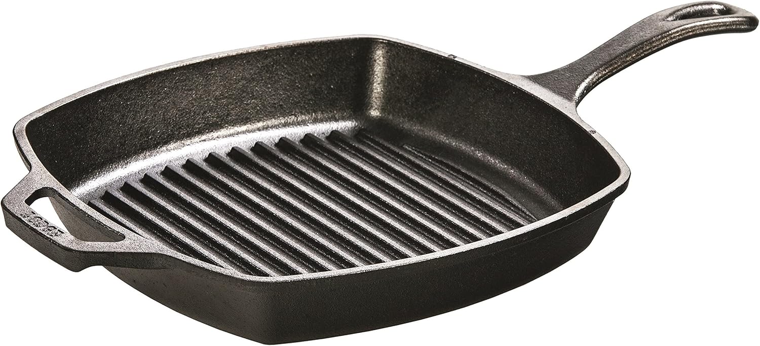 Lodge Square Cast Iron Grill Pan 10.5 Inches – Pre-Seasoned Square Skillet – Ridged Burger Grill Pan – Even Heat Distribution – PFAS-Free Non-Toxic Cookware