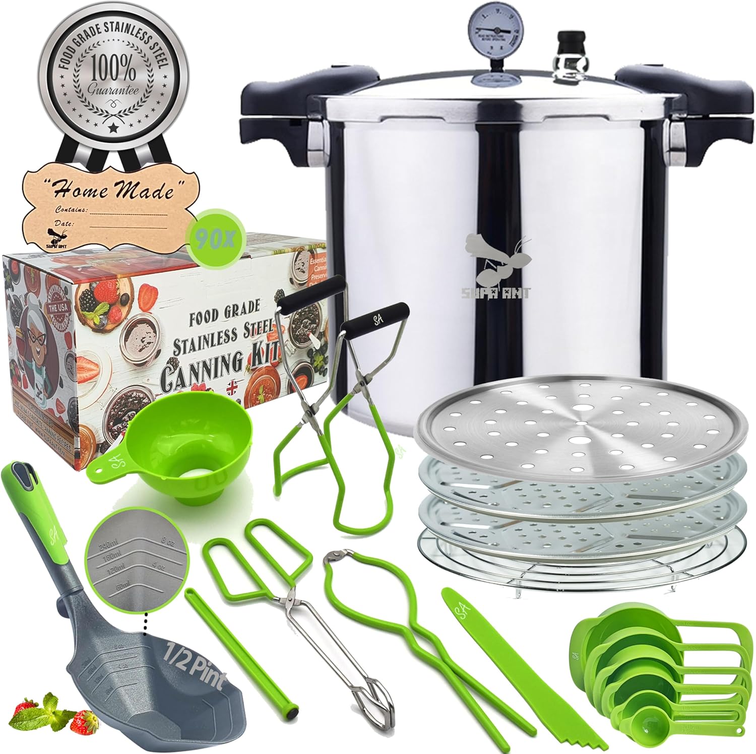 Supa Ant Pressure Canner 23 Qt with Canning Supplies Starter Kit – Canning Pressure Cooker with Gauge – Water Bath Canner Pot with Rack and Lid – Jar Lifter, XL Ladle, Jar Tongs, and Bubble Popper