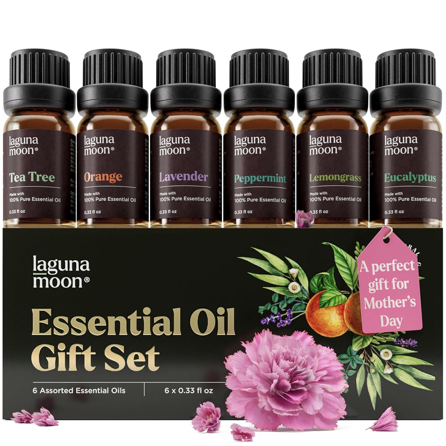 Lagunamoon Essential Oils Mothers Day Gifts Set- 6 Oils for Diffusers, Aromatherapy, Home Care, Candle Making Scents, Fragrance, Humidifiers – Peppermint, Tea Tree, Lavender, Eucalyptus, Orange (10mL)