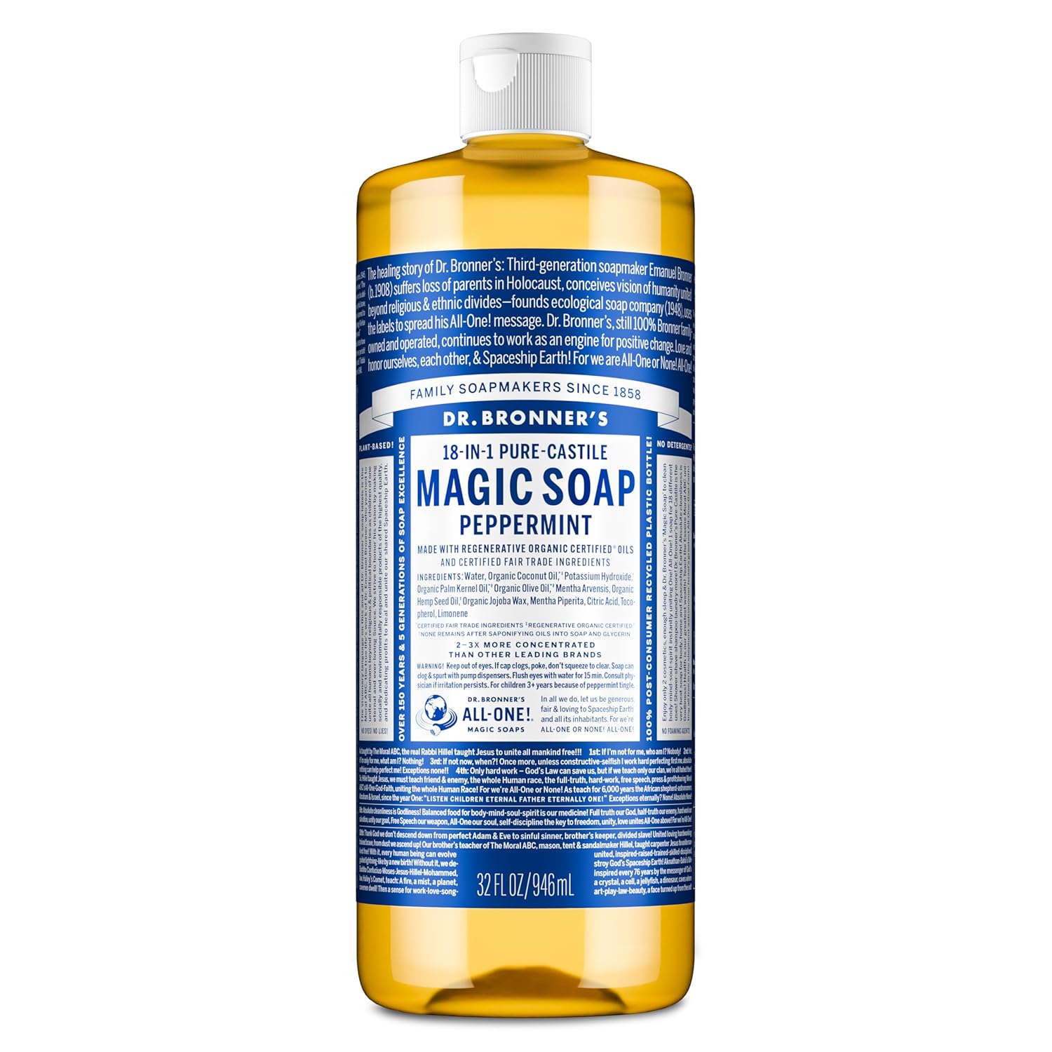 Dr. Bronner’s Pure-Castile Magic Liquid Soap – Made with Regenerative Organic Certified Oils- 18-in-1 Uses for Face, Body, Hand, Hair, Laundry & More- Vegan, Non-GMO- Body Wash- Peppermint,32oz