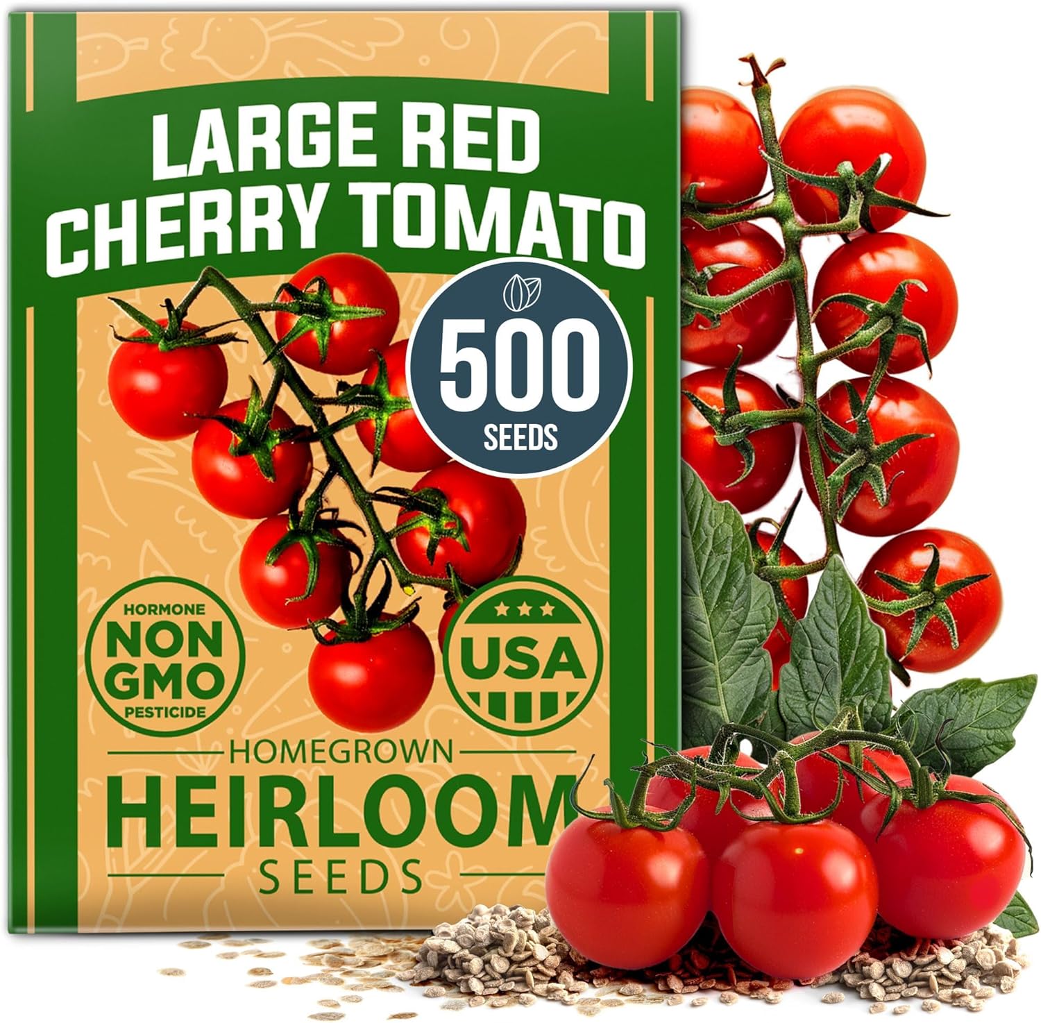 HOME GROWN Large Red Cherry Tomato Seeds 500+ Heirloom Non GMO Seeds for Planting, High Germination, Indeterminate, Sweet & Juicy Salad Tomatoes, Prolific Garden Crop, Homestead (Solanum lycopersicum)