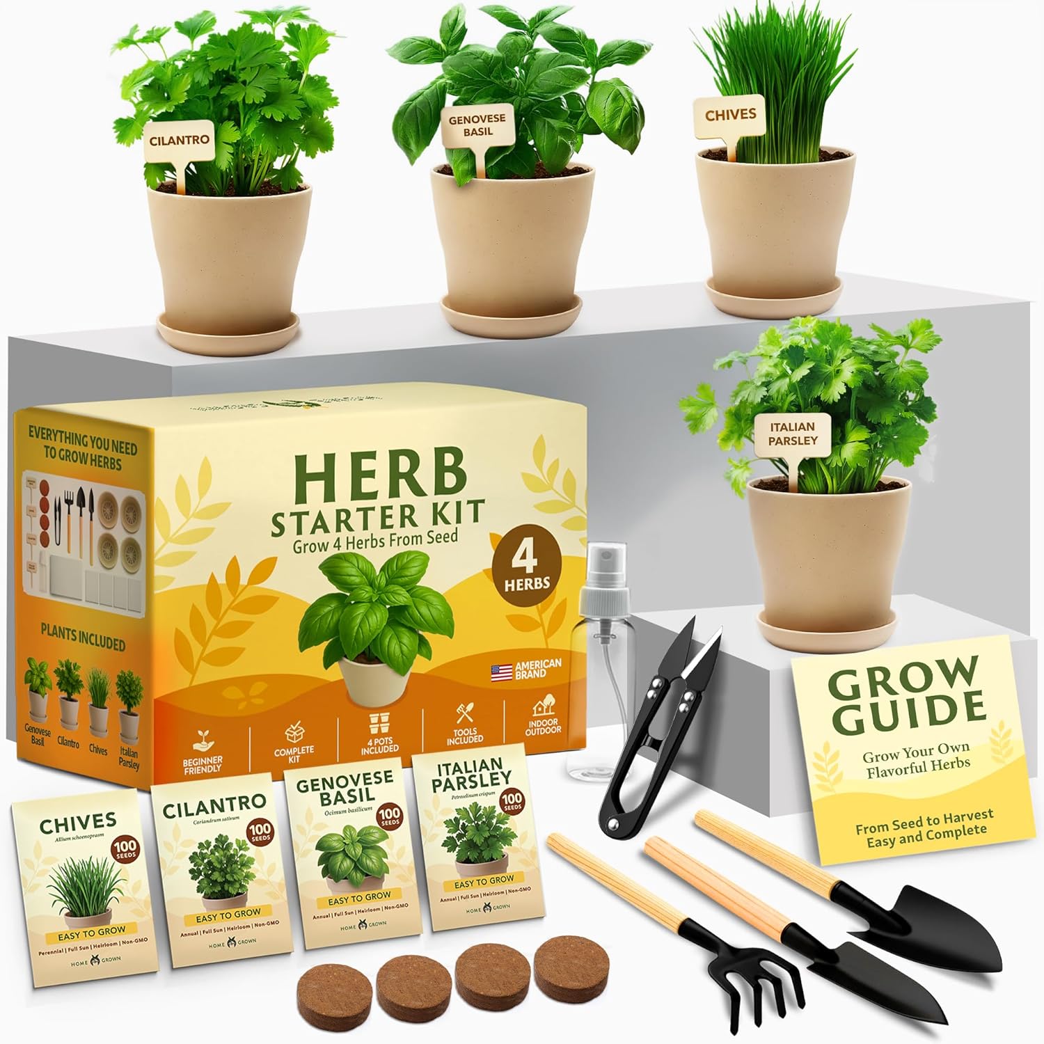 HOME GROWN Herb Garden Planter Indoor Kit – Unique Christmas Gift for Adults, Men, & Women – Grow 4 Heirloom Herb Seeds on Kitchen Window – Beginner DIY Craft & Hobby Gardening Gift for Plant Lovers