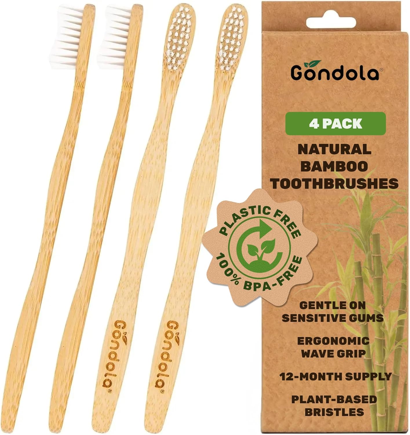 Gondola Organic Bamboo Toothbrushes Adults – 4 Pack – Soft Bristles for Sensitive Gums – Bamboo Toothbrush for Adults – Gentle Cleaning – Wellness Essentials Manual Toothbrush for Home & Travel