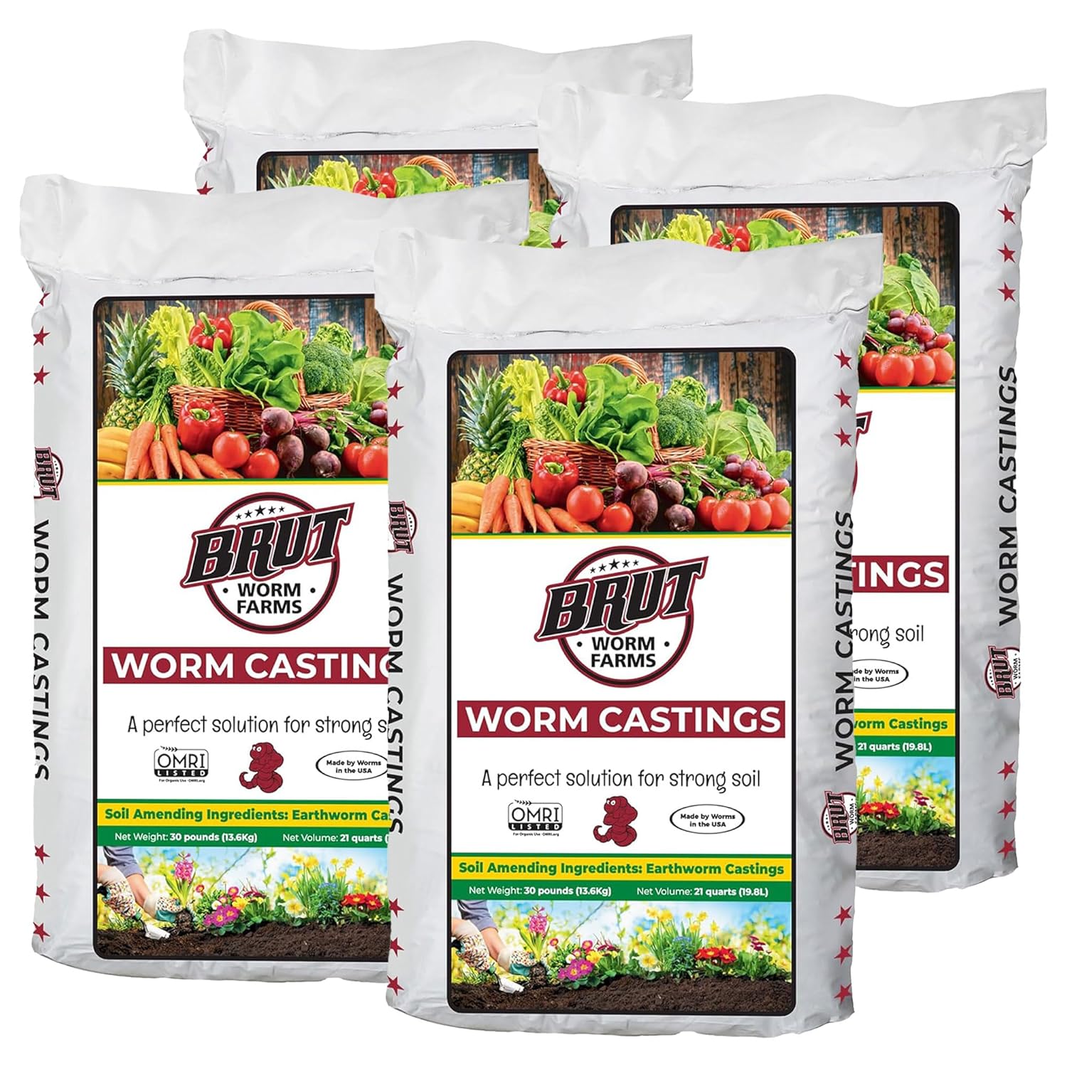 Brut Organic Worm Castings for Plants 30 LB – Natural Nutrients, Fertility Builder, Plant Food for Potting Soil and Garden Soil – Indoor and Outdoor Use – 4 Pack
