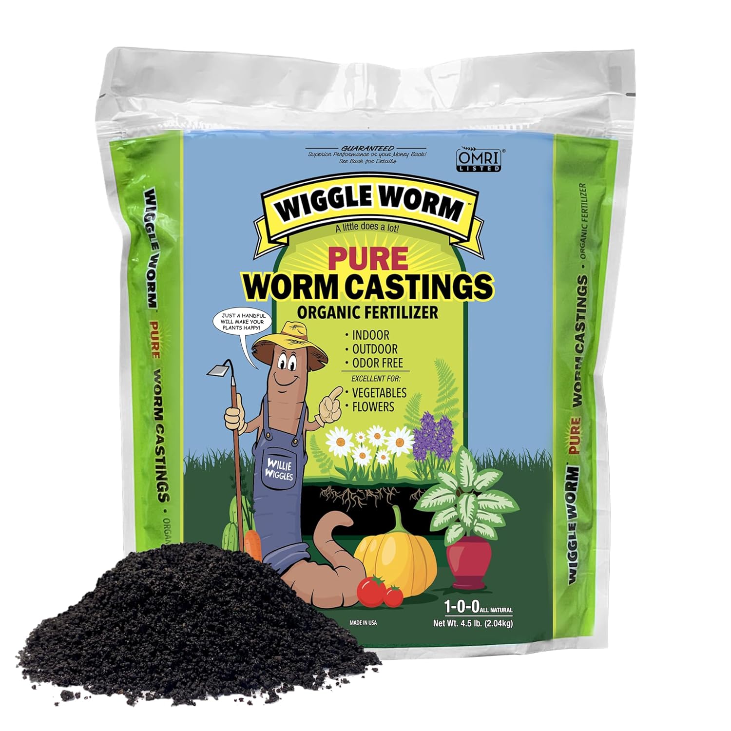 Wiggle Worm 100% Pure Organic Mineral-Dense Worm Castings Fertilizer in Resealable Zipper Pouch, 4.5lbs – Improves Soil Fertility and Aeration for Growing Better Houseplants, Vegetables, and More