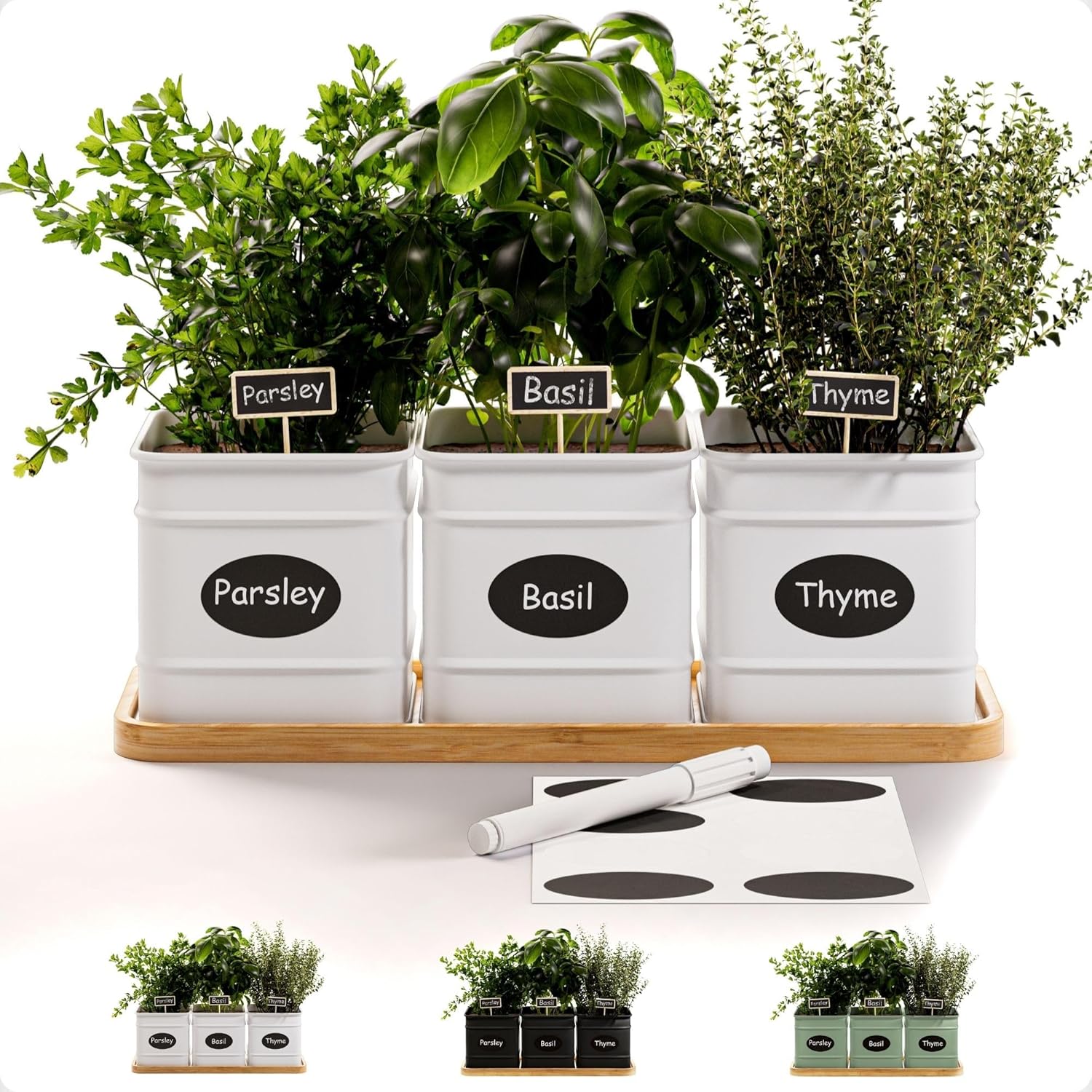 Herb Planter Indoor – 3 Iron Herb Pots with Drainage Holes, Varnished Bamboo Tray, Customizable Labels & Marker Pen – Indoor Herb Garden Planter – 3 Pots for Herbs – Inside Spice Garden – Basil Pot