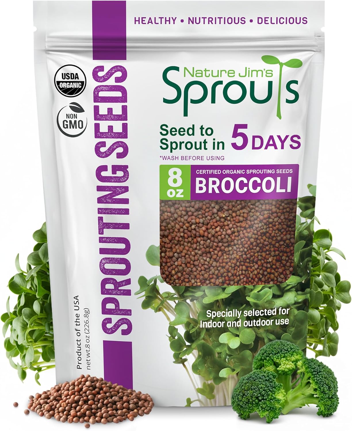 Nature Jim’s Organic Broccoli Sprouting Seeds – Non-GMO, Rich in Sulforaphane, Fast-Growing Microgreen Seeds for Indoor/Outdoor Planting– Ideal Organic Sprouting Seed for Nutritious Gardening – 8oz