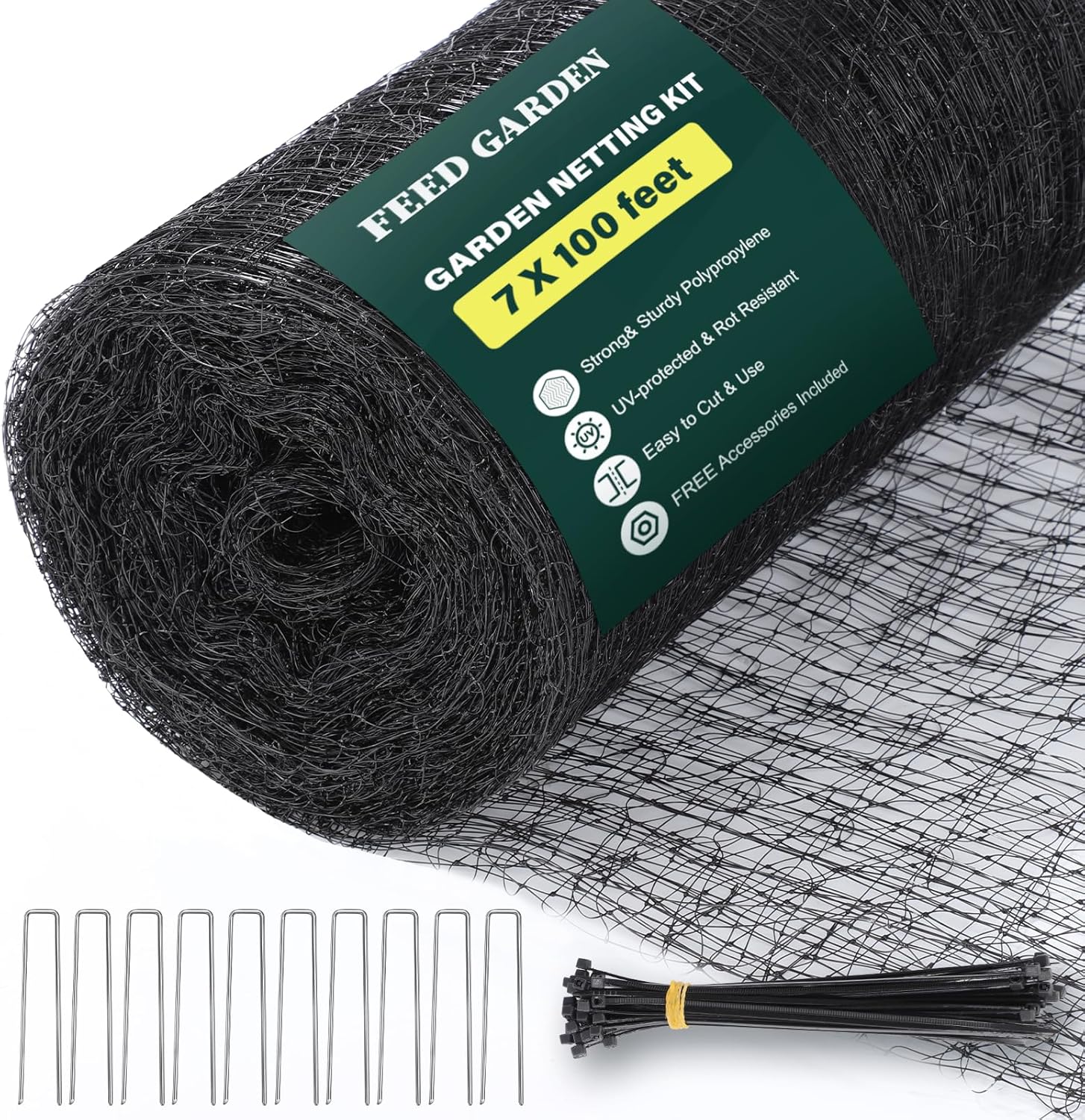 FEED GARDEN Deer Fence Netting Garden Netting Bird Netting – 7x100ft UV-Protected Garden Fence for Plant with 3/4″ Fine Mesh – Includes 10 Stakes & 50 Zip Ties for Easy Installation
