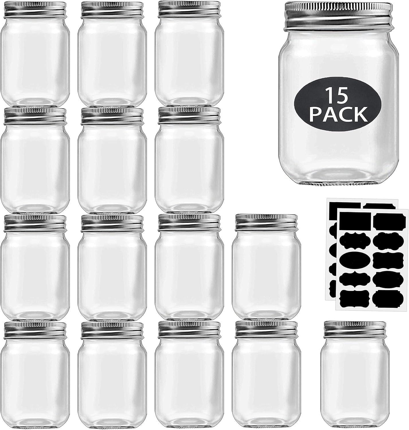 Rainforce 16 oz Mason Jars With Lids Regular Mouth 15 Pack-16oz Glass Jars with Silver Lids,Bulk Pint Clear Glass Jars For Meal Prep, Food Storage With 20 Labels