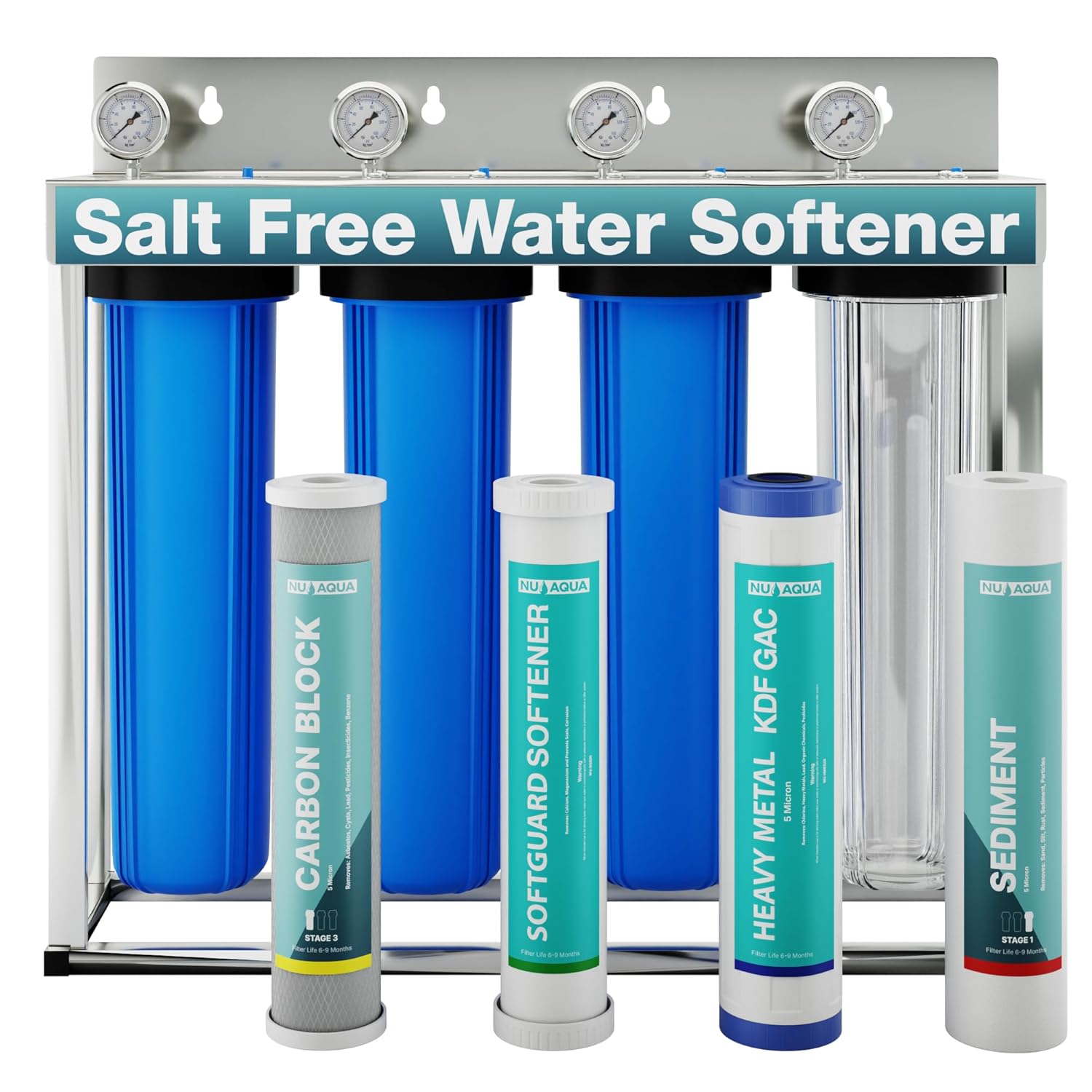 NU Aqua 4 Stage Main Line Salt Free Water Softener Whole House Water Filter System (20” x 4.5”) | Reduce Heavy Metals, Chlorine, Odors | Sediment, Water Softner, Heavy Metal KFD GAC, Carbon Block