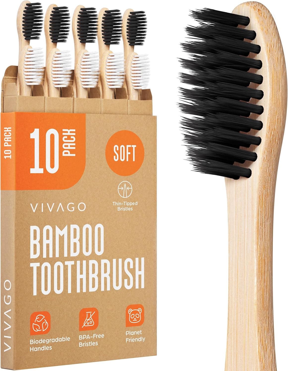 VIVAGO Soft Flossing Bamboo Toothbrushes 10 Pack – BPA Free Soft Bristles Toothbrushes for Adults, Natural Wooden Toothbrush
