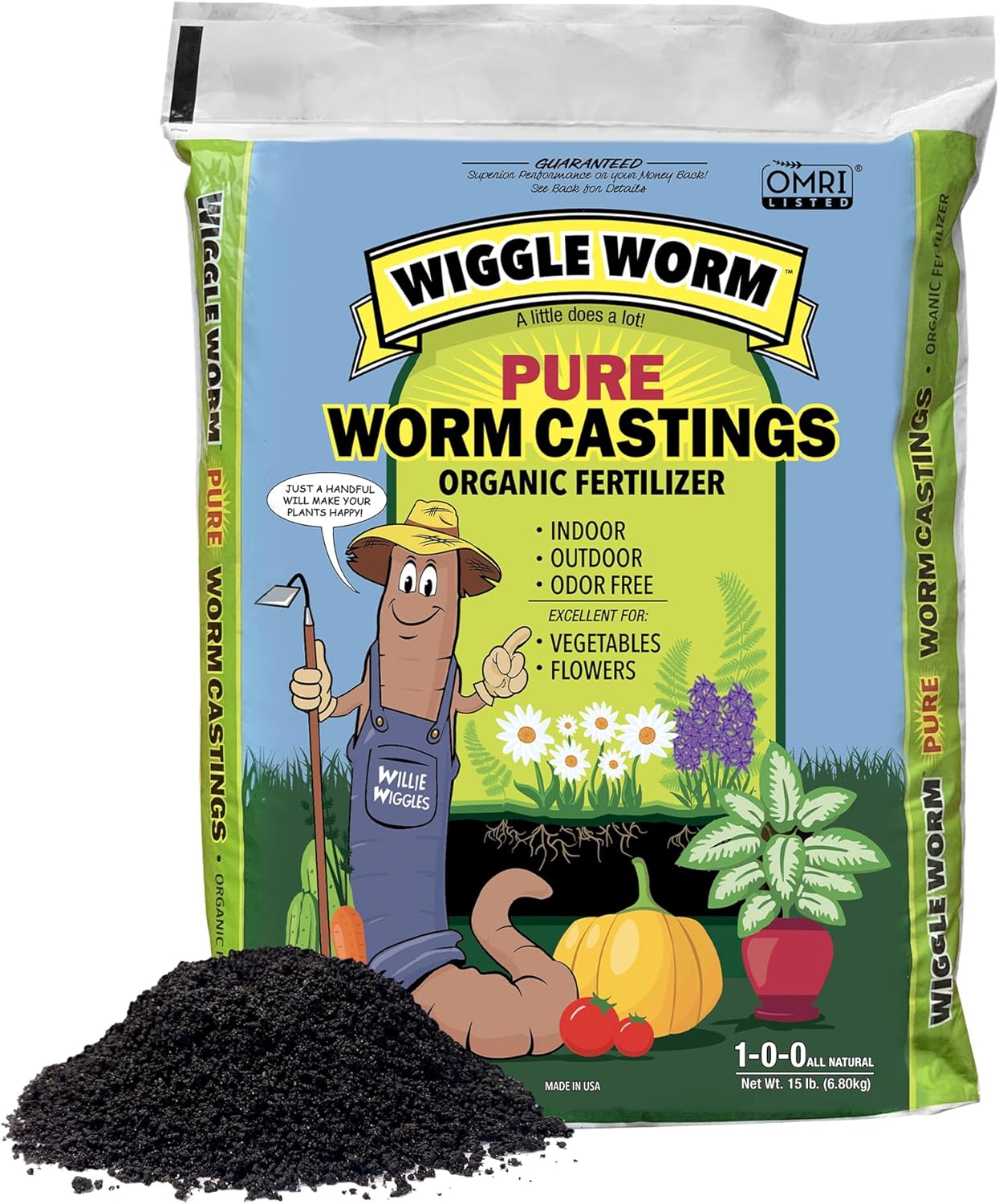 Wiggle Worm 100% Pure Organic Mineral-Dense Worm Castings Fertilizer, 15lbs – Improves Soil Fertility and Aeration for Growing Better Houseplants, Vegetables, and More