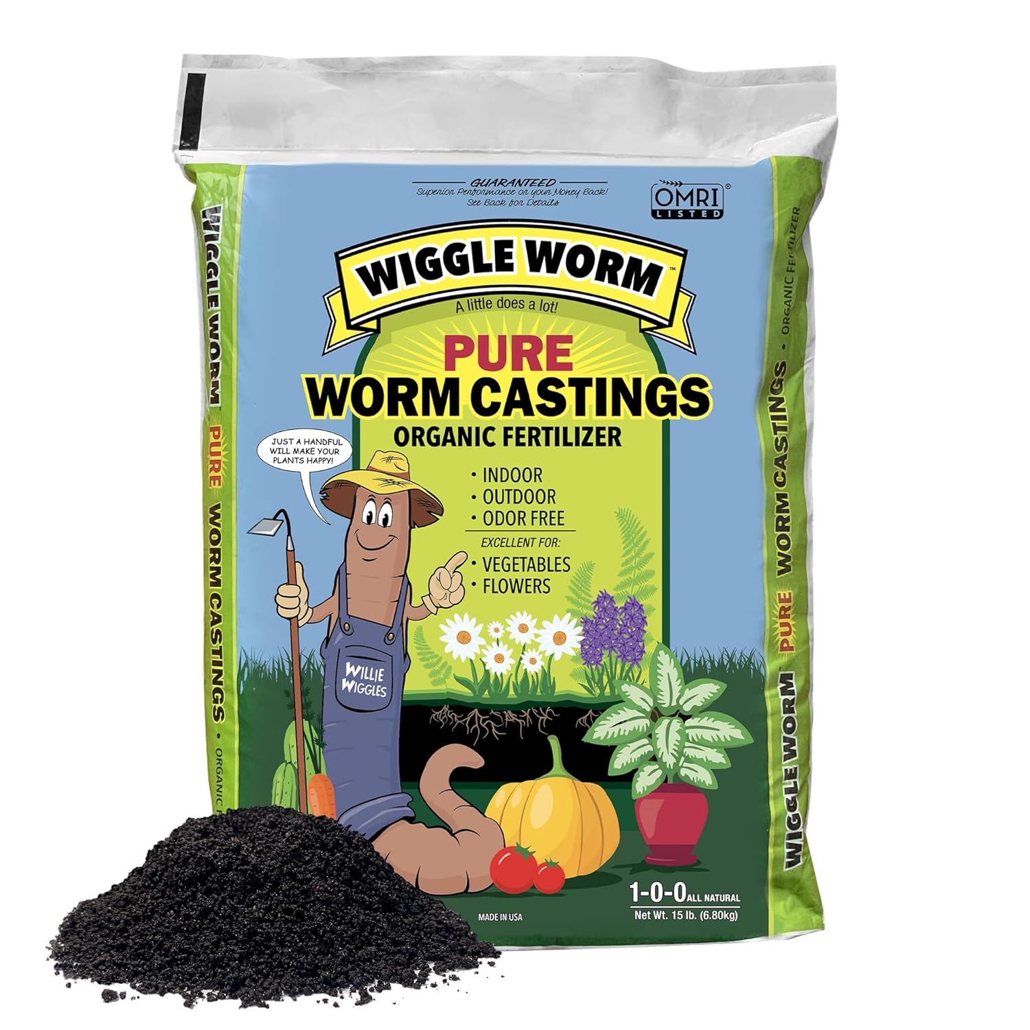 Wiggle Worm 100% Pure Organic Mineral-Dense Worm Castings Fertilizer, 15lbs – Improves Soil Fertility and Aeration for Growing Better Houseplants, Vegetables, and More