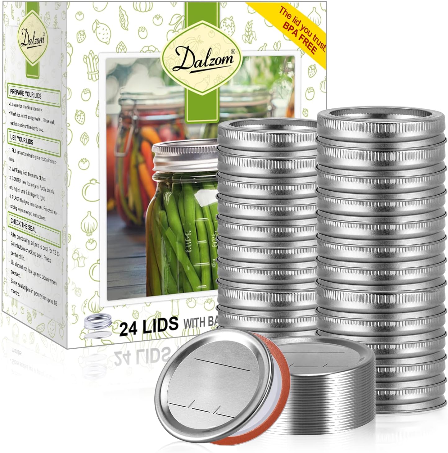 Dalzom® 24Pcs Canning Lids with 24Pcs Rings Regular Mouth, Premium Mason Jar Lids with Bands/Rings for Ball, Kerr Jars – Food Grade Material, 100% Fit & Airtight for Regular Mouth Mason Jars