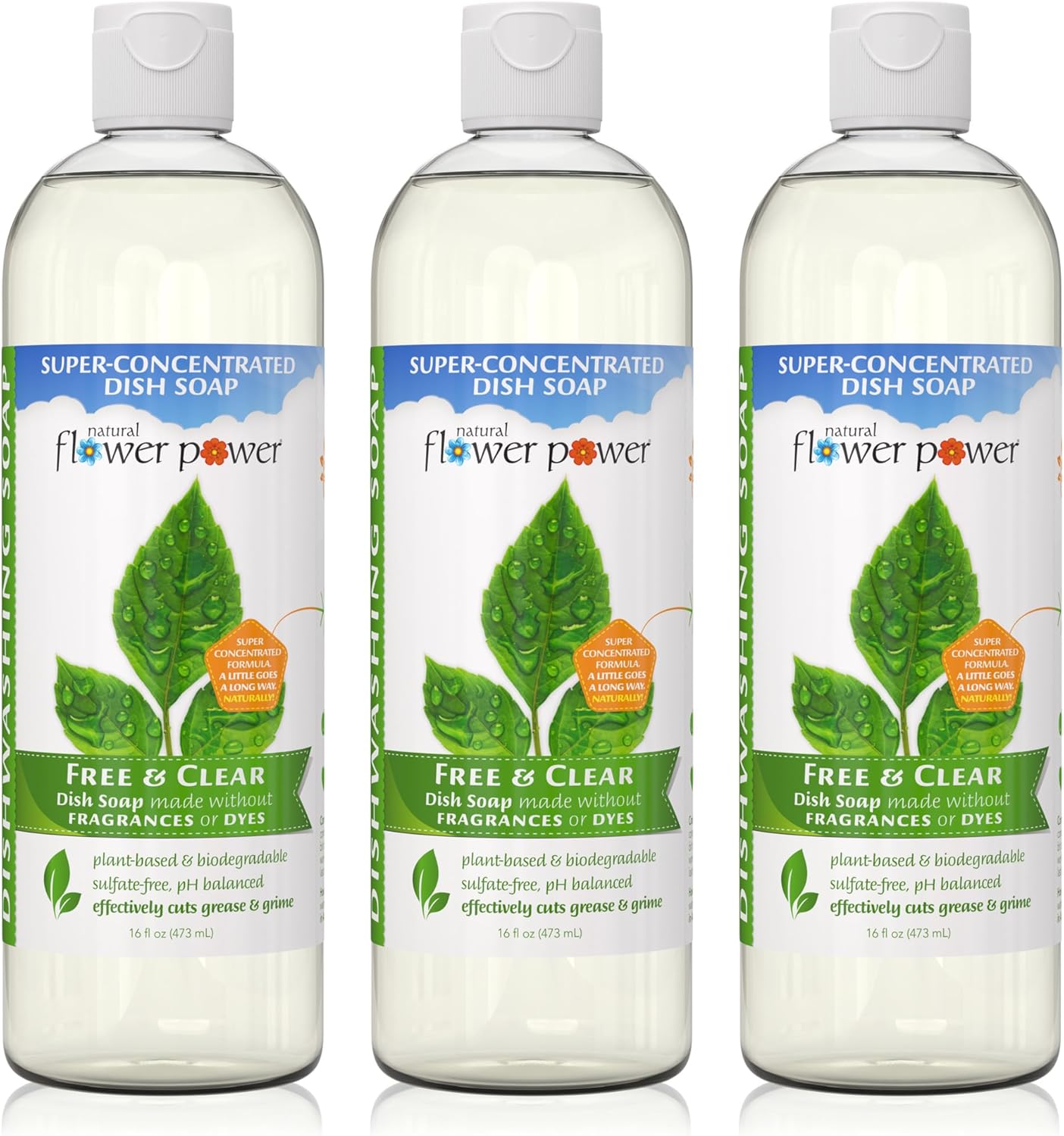 Natural Flower Power Liquid Dish Soap – Free & Clear (Unscented) – Plant-Based & Scented w/ Pure Essential Oils – Natural Dishwashing Detergent – Sulfate-Free Kitchen Soap – Vegan (16 Fl Oz 3 Pack)