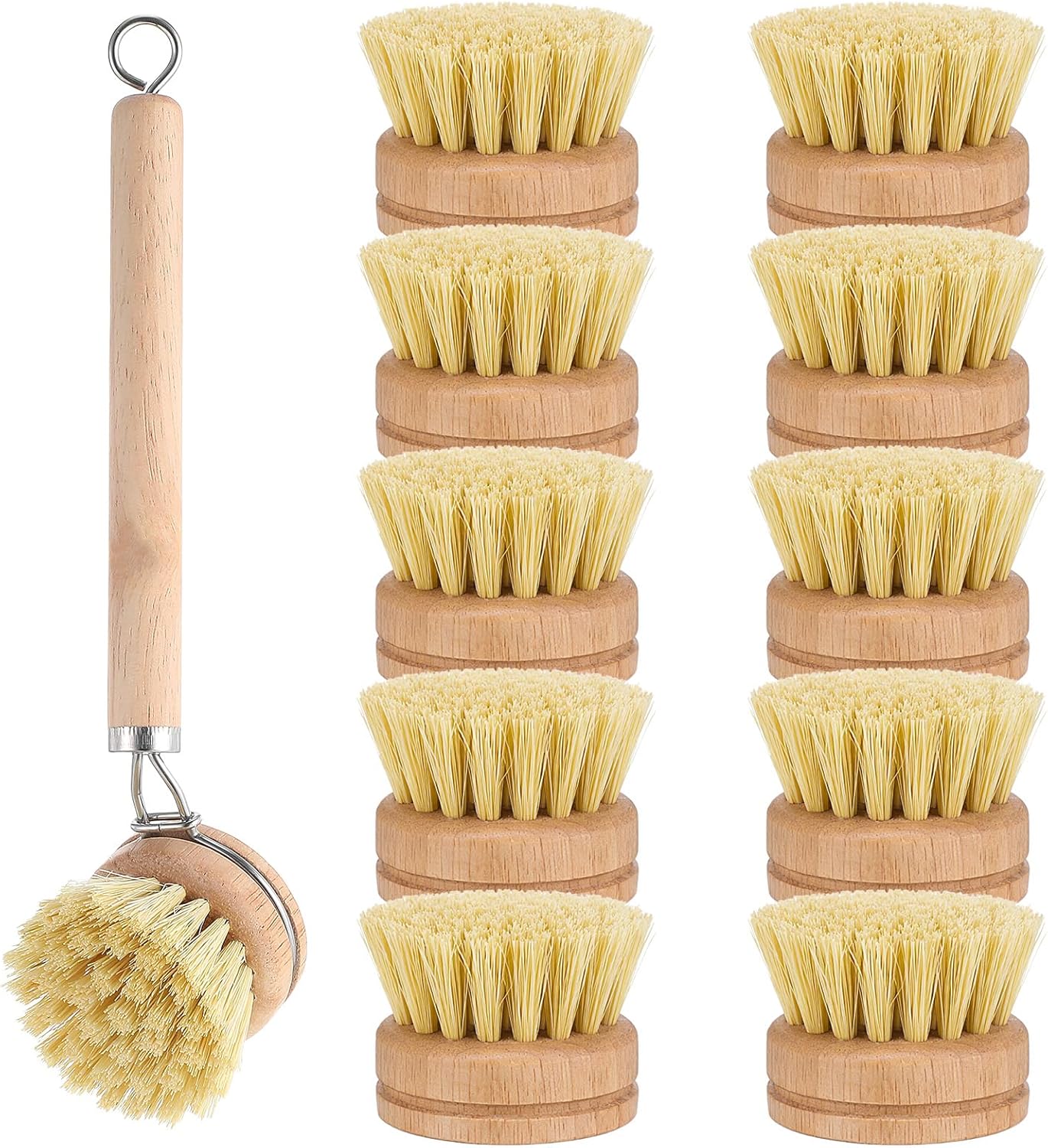 11 Pcs Bamboo Dish Brush Set, Multifunctional Bamboo Dishwashing Scrub Brush with Natural Sisal Bristles, Wooden Handle Dish Brush with Replacement Heads for Cleaning Pots Dishes Pans Vegetables