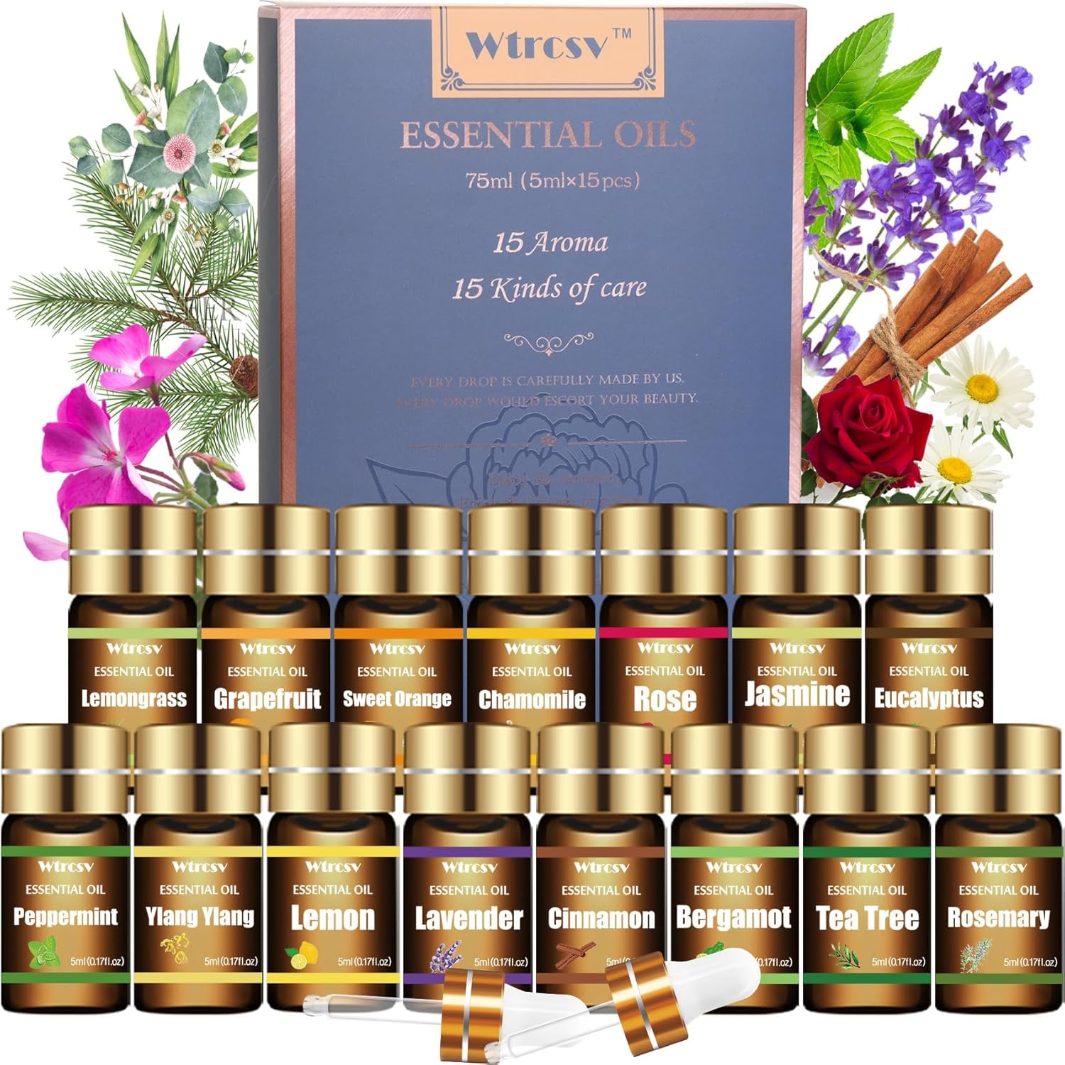Essential Oils Set – Top 15 Scents for Diffuser, Humidifier, Skin Care, Aromatherapy, Massage, Candle & Soap Making – Fragrance Gift Set (5ml)