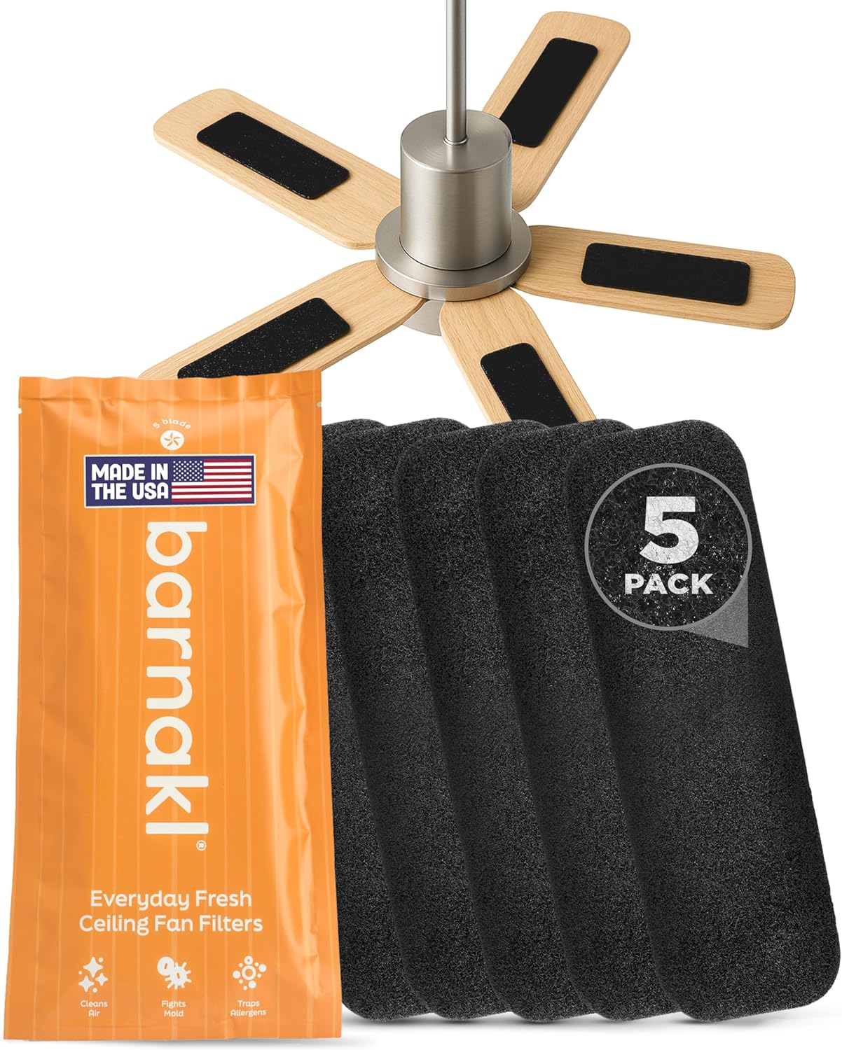 Barnakl Ceiling Fan Air Purifier Pads, Activated Coconut Shell Carbon Fan Filters Trap Dust, Odors & Allergens, Easy-Stick Universal Fit for Ceiling Fan Blades, Odorless & Unscented – (5 Count)