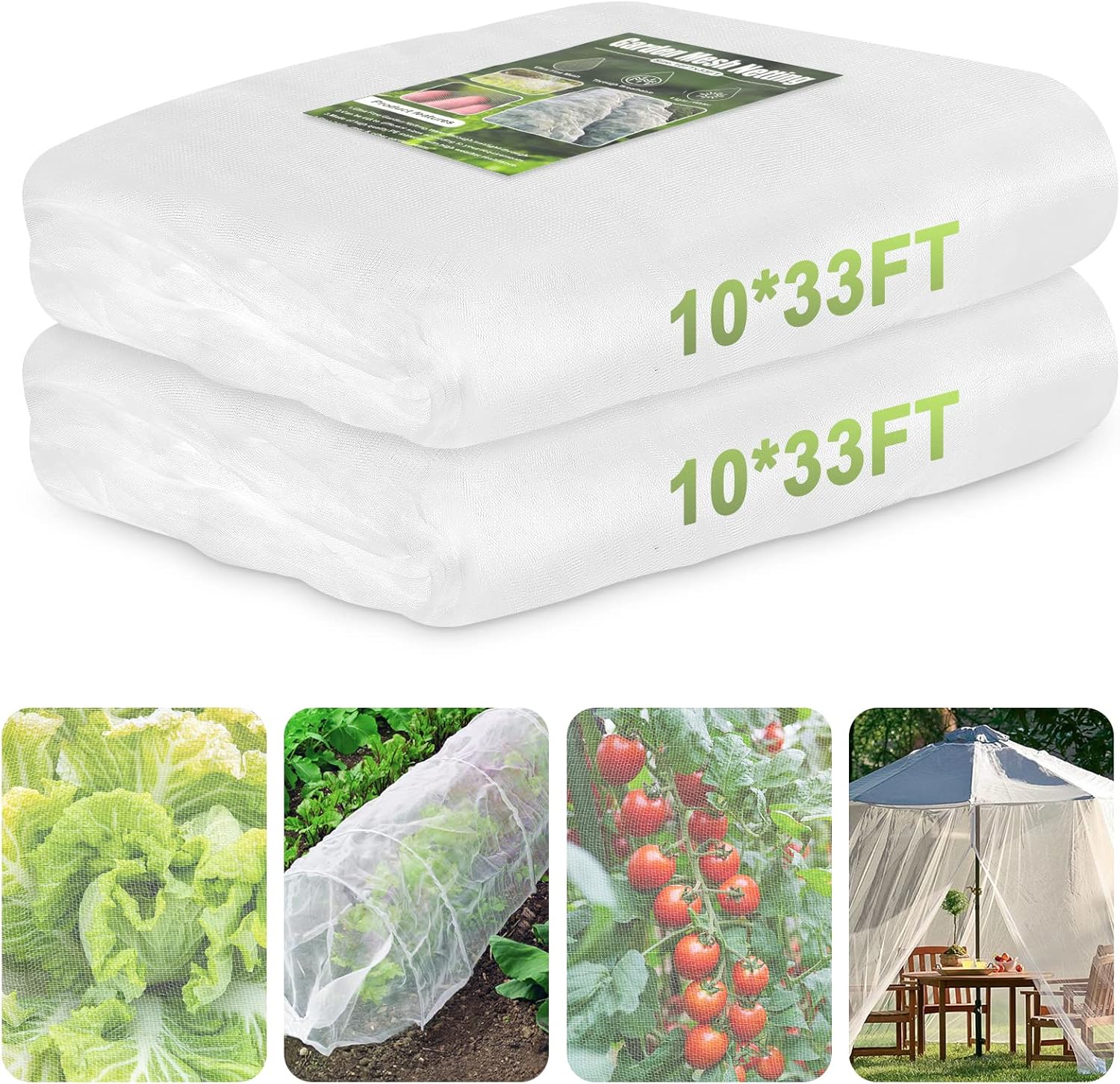 RIFNY Garden Netting, 2 Pack 10x33Ft Ultra Fine Mesh Netting Pest Barrier Protection Bird Mosquito Net Plants Cover for Vegetables Fruits Flowers Crops Greenhouse Row Cover Raised Bed Patio