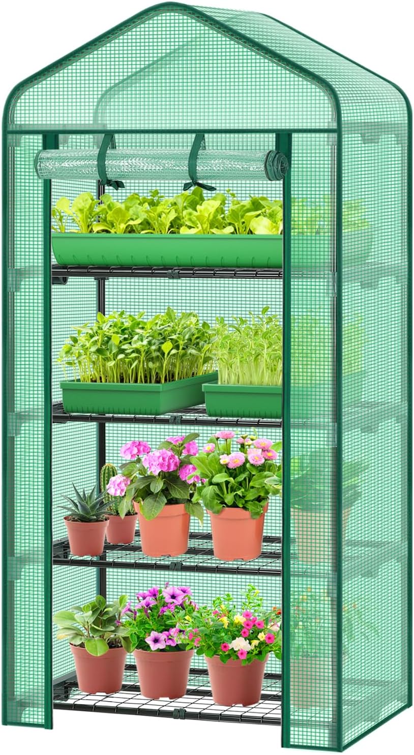 Ohuhu Mini Greenhouse for Indoor Outdoor, 27 x 19 x 62-Inch Small Plant Green House 4-Tier Rack Stand Portable Greenhouses with Durable PE Cover for Seedling, Ideal Gardening Gifts for Women Men